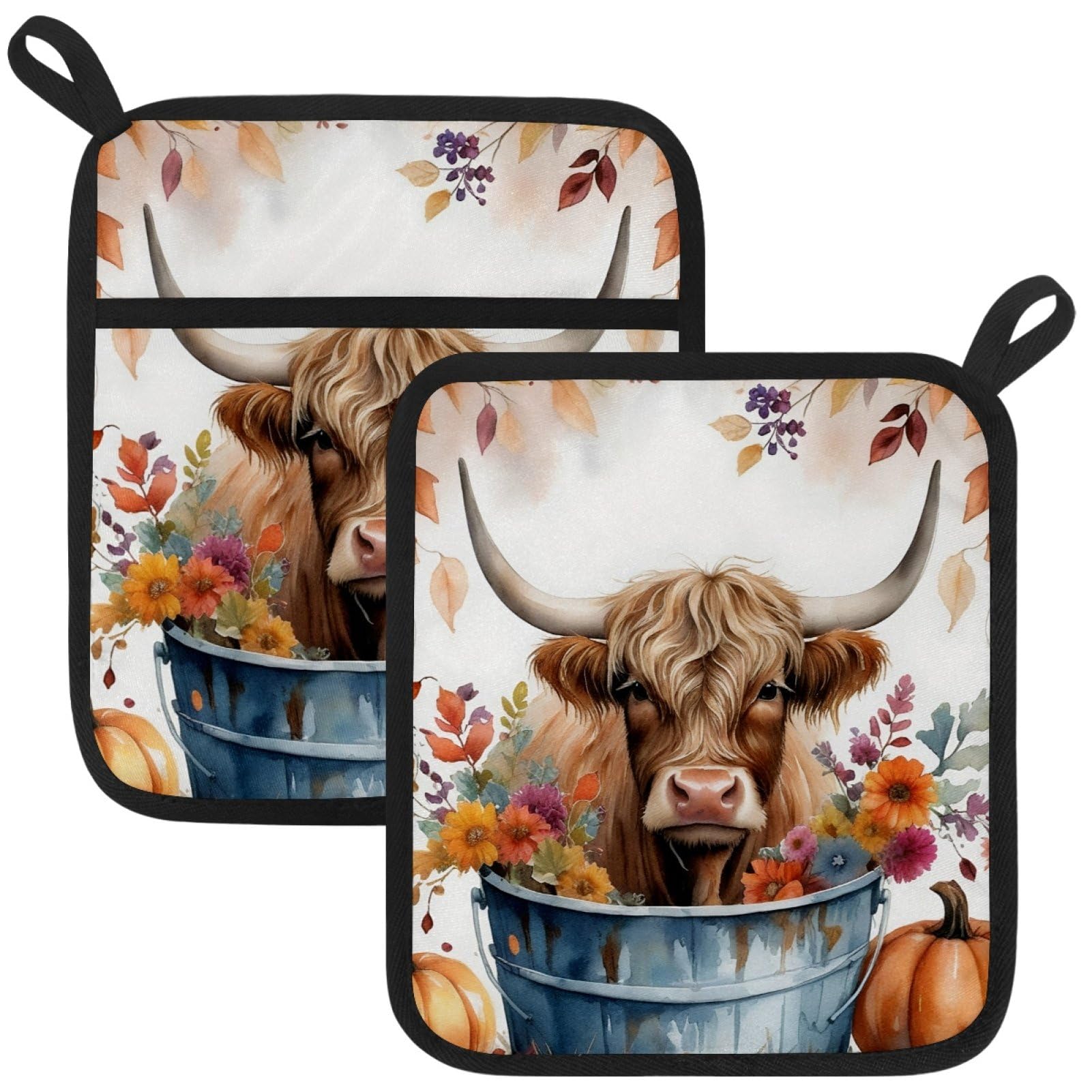 VAPOKF Highland Cow Heat Resistant Pot Holders, Thick Pot Holders Pad with Hanging Loop for Kitchen, Oven Cloth Pads for Kitchen Baking Microwave Oven