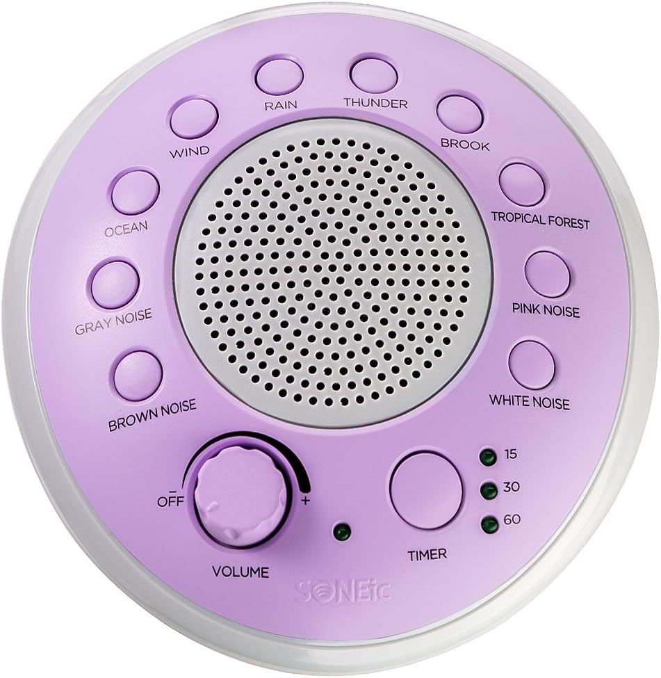 SONEic - Sleep, Relax and Focus Sound Machine. 10 Soothing White Noise and Natural Sound Tracks, with Timer Option. Crystal Clear Quality Sound Speaker & Headphone Jack. USB or Battery Powered -Purple