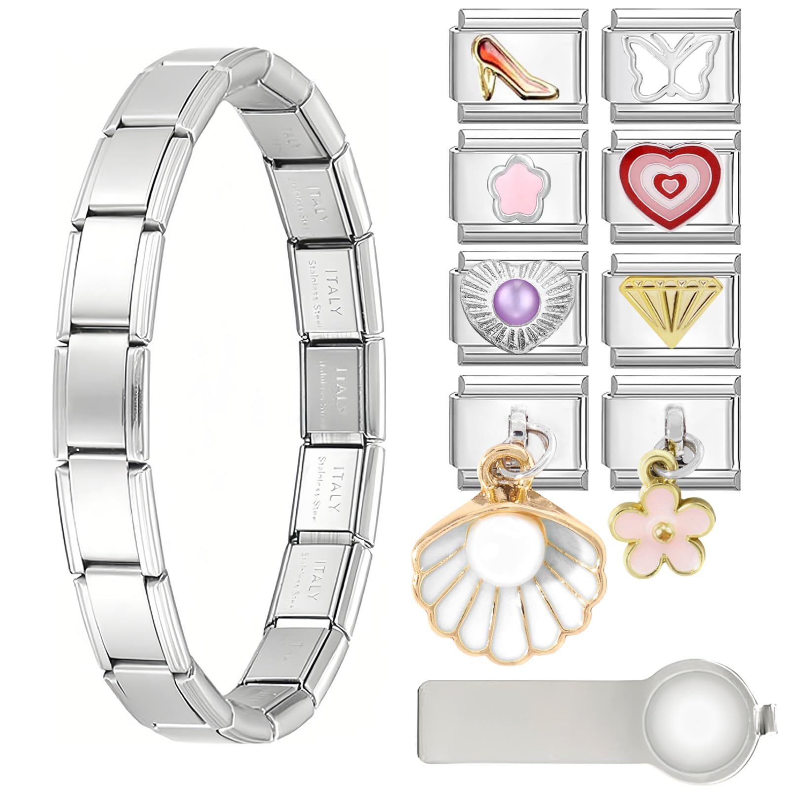 POFIBO Italian Charm Bracelet - 8 Charms con Herramientas de Apertura, 9 mm Módulo de Acero Inoxidable Extraíble, Pulsera Italiana para Amigas Madres