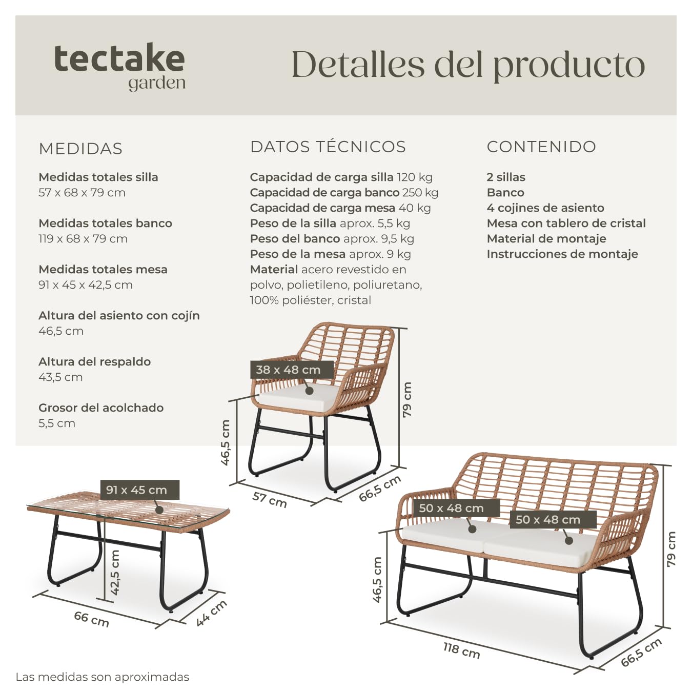 tectake® Juego de 4 Piezas de Polirratán, 1 Banco Jardín Cap. Carga: 250 Kg, 2 Sillas Cap. Carga: 120 Kg 1 Mesa con Tablero de Cristal de Seguridad, Resistente a Intemperie, Patas Atornillables