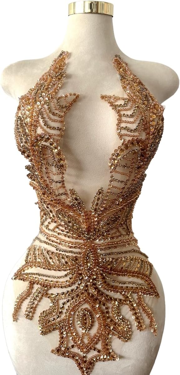 Wedding Dress Predecessor Bead Embroidery Design Patch Hand Sewing Beautiful Stones Rhinestones Applique Clothing Accessories 13.7X28.8inches (Champagne)