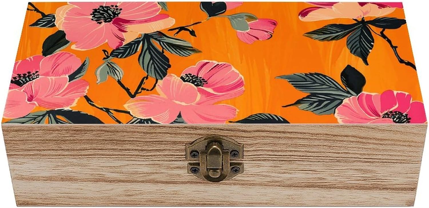Small Wooden Storage Box with Lid - 7.9x3.9x2.3 Inch Peach Flower Pattern Jewelry Box Vintage Keepsake Boxes Portable Jewelry Organizer Wood Trinket Box for Photos, Letters, Gifts