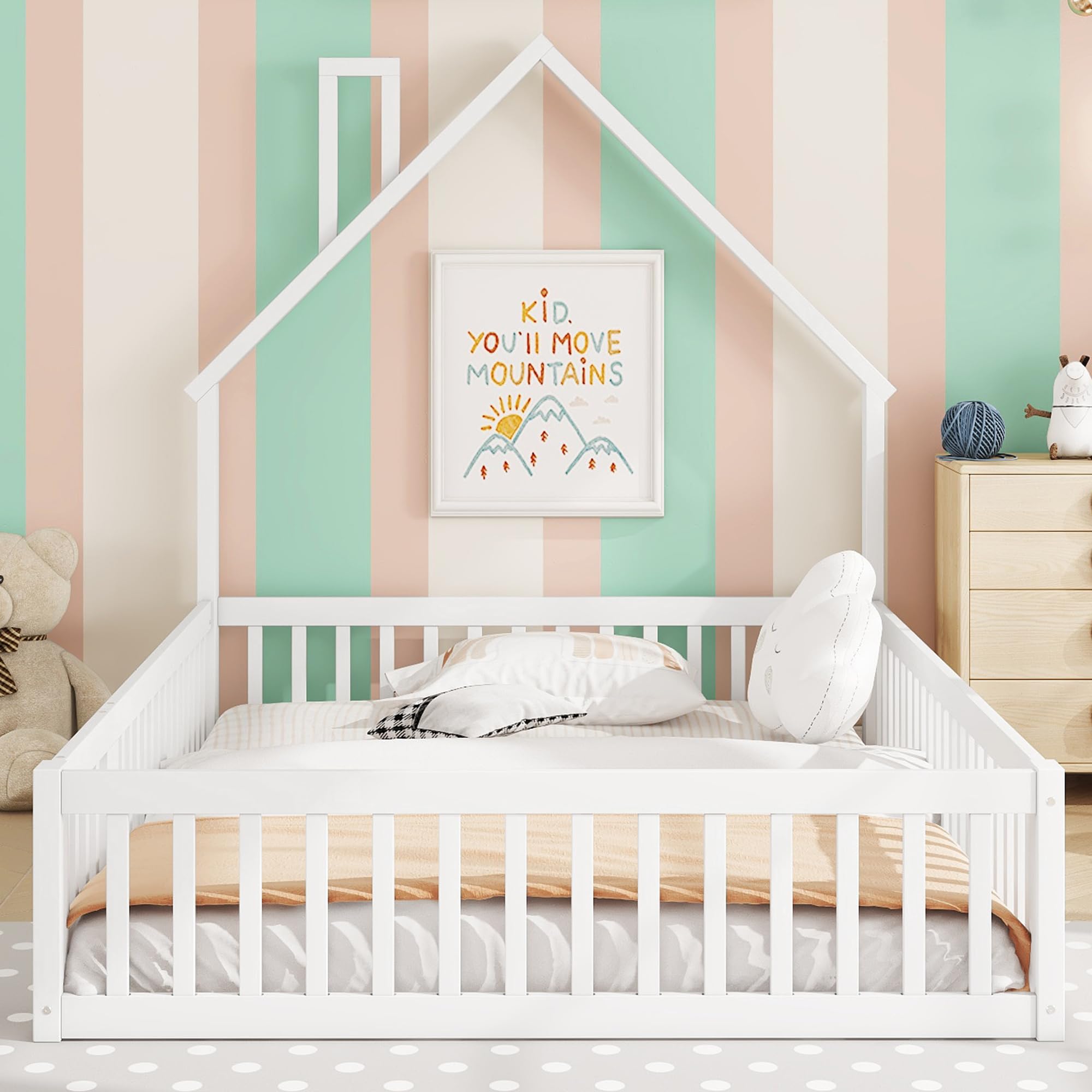Lettino per bambini 140 x 200 cm, con protezione anti-caduta di sicurezza e porta, letto imbottito con rete a doghe in legno, design a forma di camino, letto in legno, per ragazzi, senza materasso