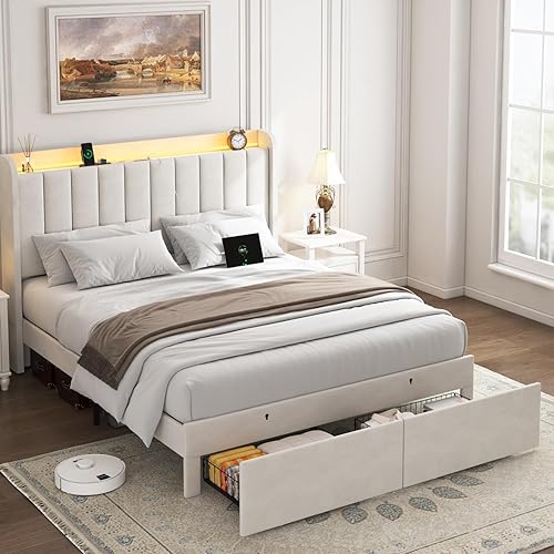 Full Size Bed Frame with Storage Headboard, Upholstered Platform Bed Frame with LED Lights, Drawers, Charging Station, Wood Slats Support, No Box Spring Needed, Beige