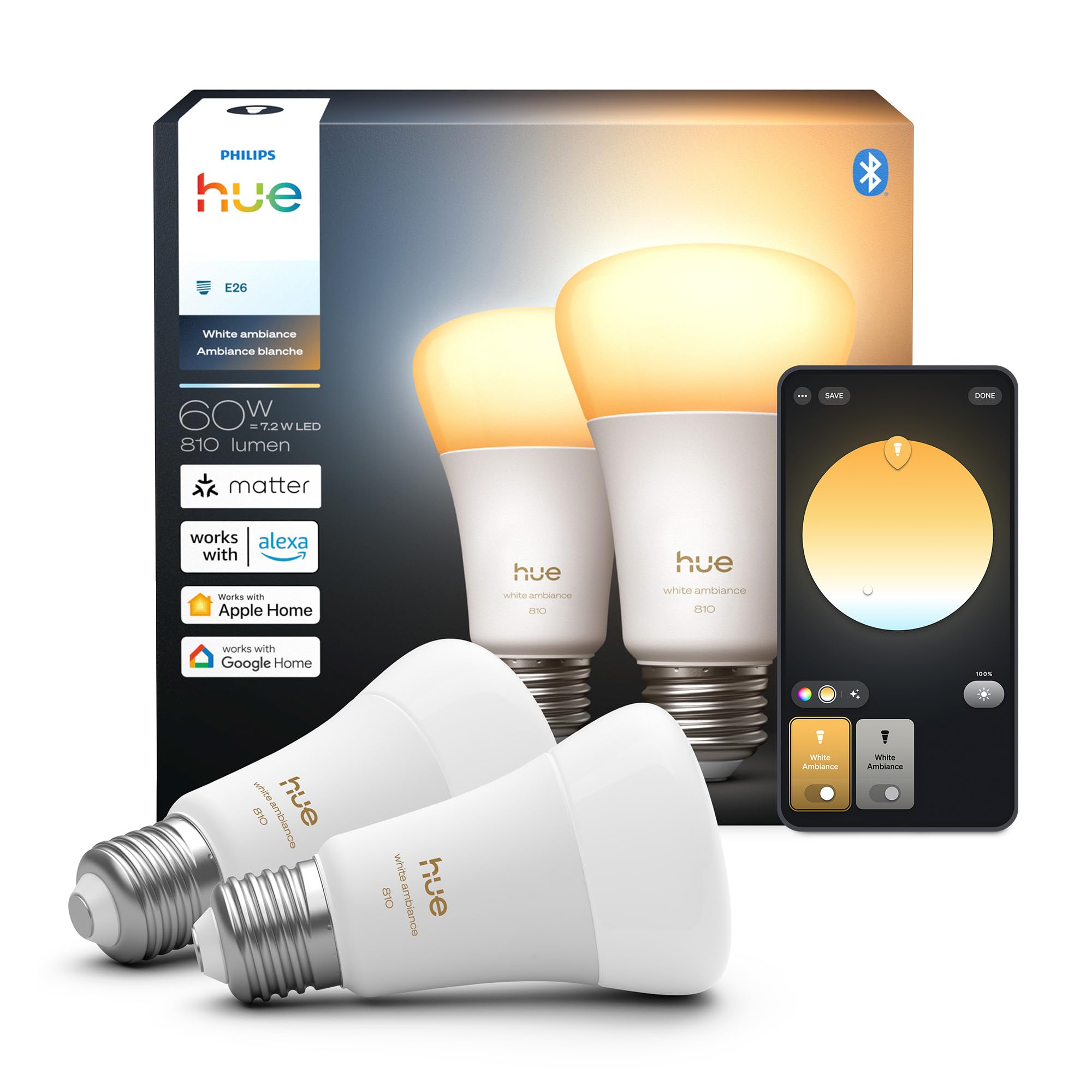 Philips Hue Smart LED A19 Bulb 2-Pack, White Ambiance, E26 Base