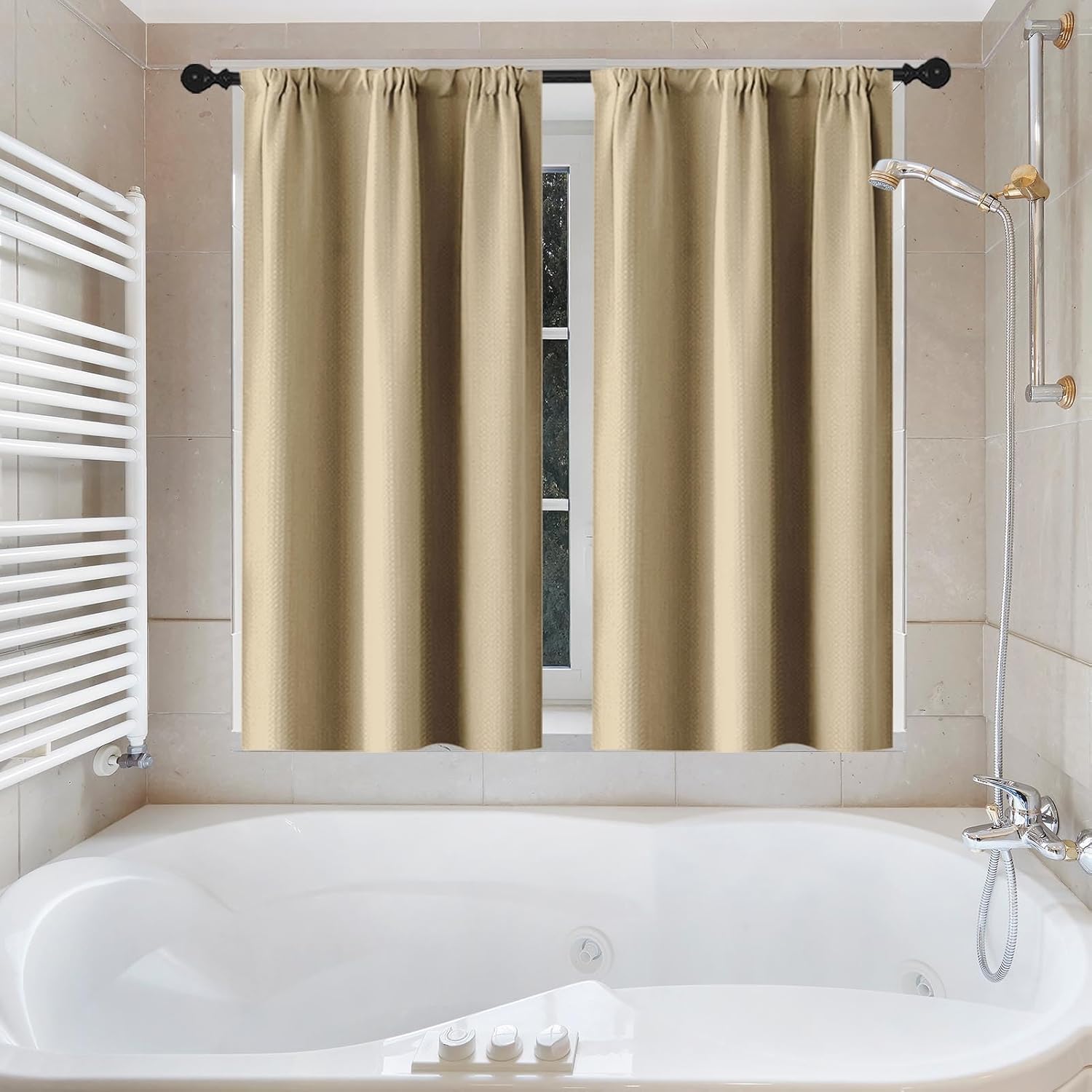 Beige Waffle Textured Cloth Shower Curtain Set, Khaki Modern Solid Bathroom Window Waterproof Shower Curtains for Bathroom Decor