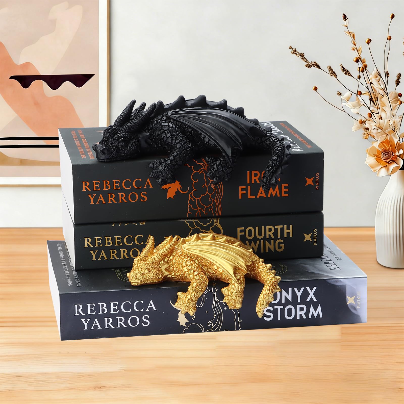 Wnsamoddy - Juego de decoración de estantería de dragón, sujetalibros de fantasía de resina sólida, estatuas de dragón negro y dorado para estantes, accesorios de rincón de libros Dark Academia