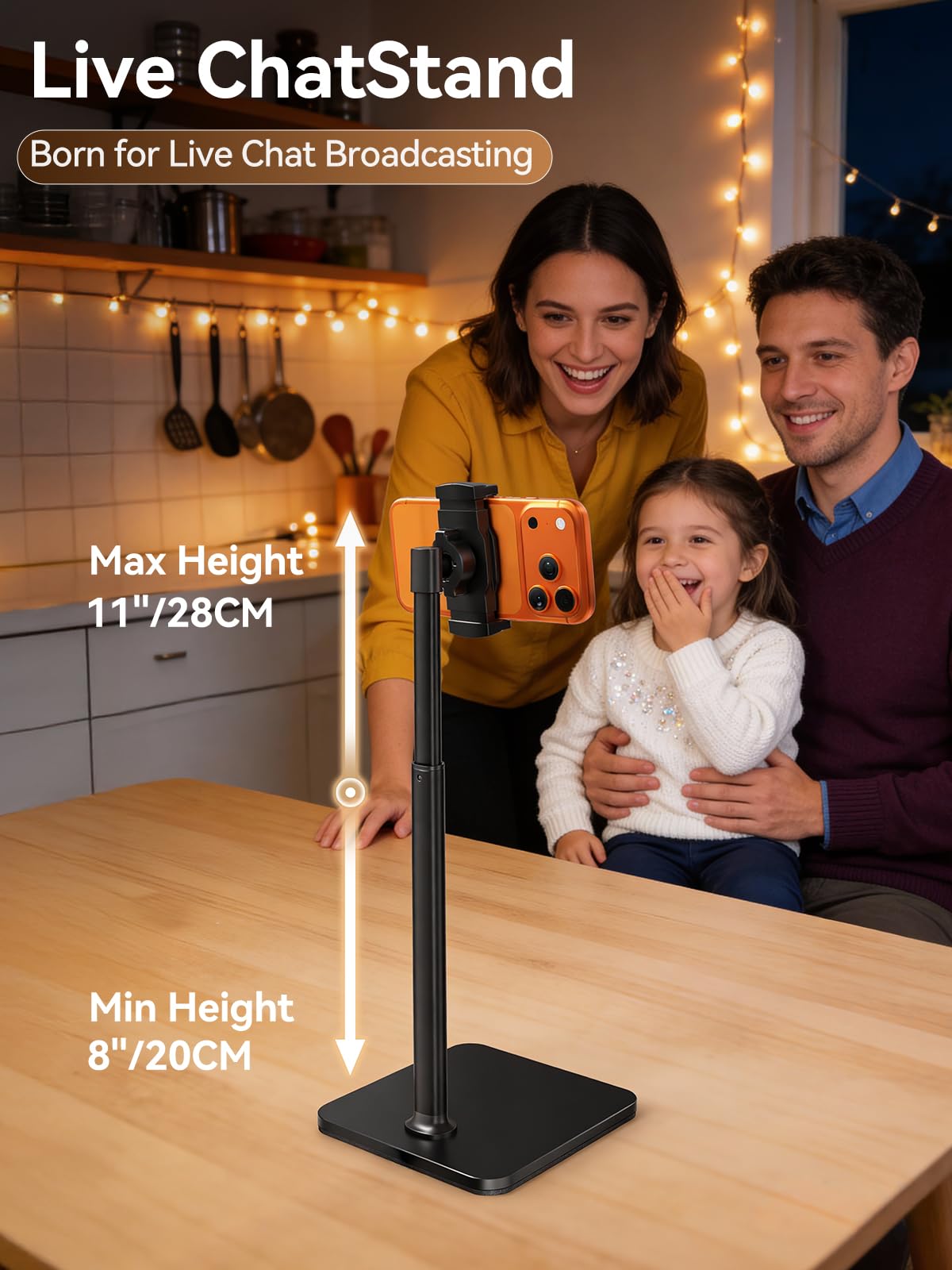 Tounee Support Téléphone Bureau, Réglable en Hauteur (8-11 Pouces) pour Lives, Vidéos & TikTok – Compatible avec iPhone 17/16/15, Samsung & Smartphones de 4-7 Pouces – Noir