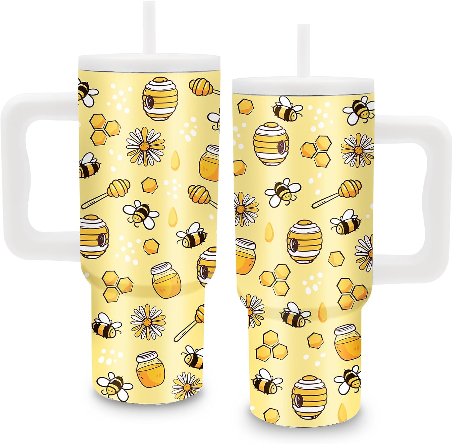 Bee Themed Gifts - 24 oz Tumbler with Handle and Straw - Insulated Stainless Steel Cup, Leakproof, Cute Bee Design Travel Mug for Women, BPA Free, Fits Car Cup Holders, Keeps Drinks Cold/Hot