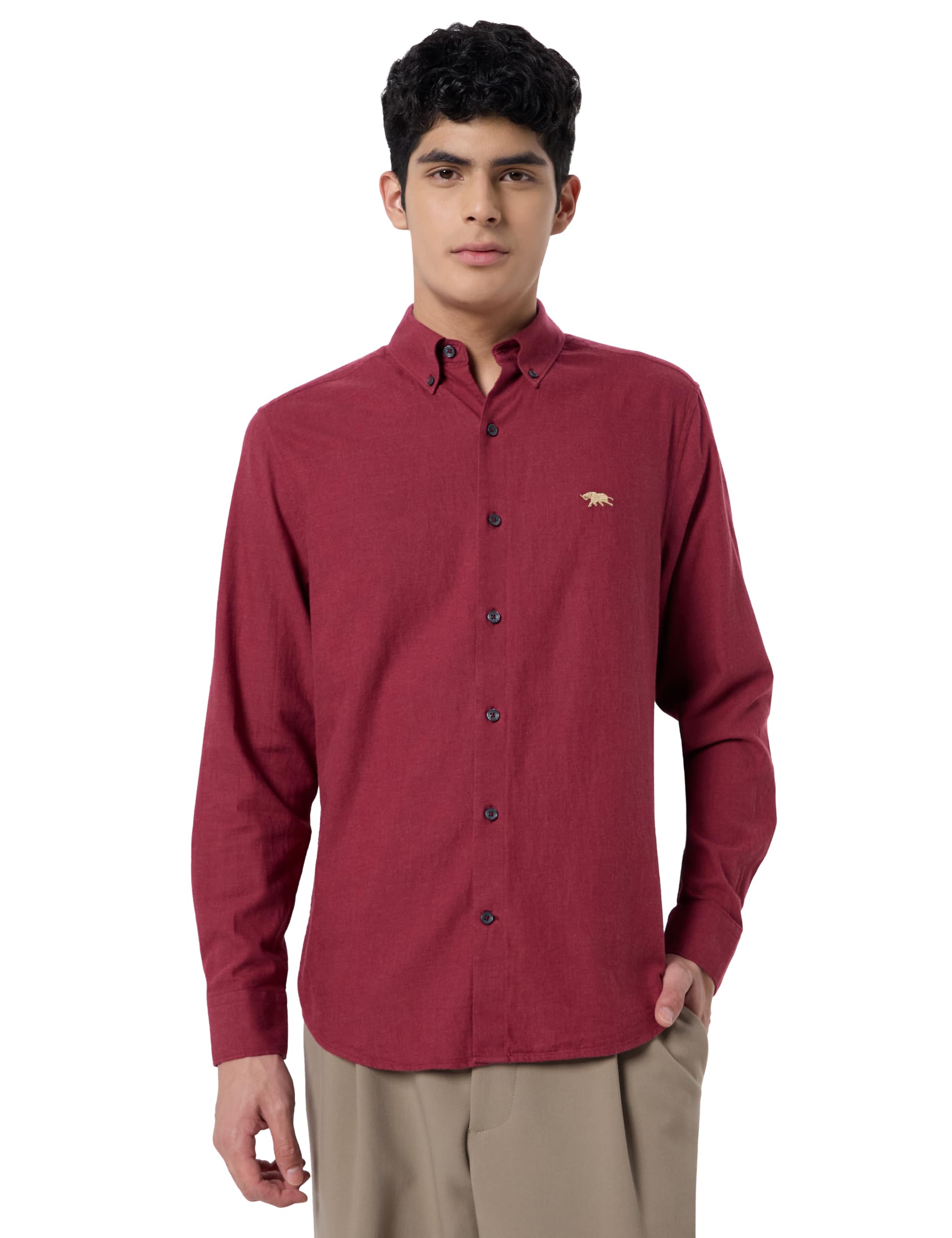 men's burgundy indian cotton melange regular fit shirt