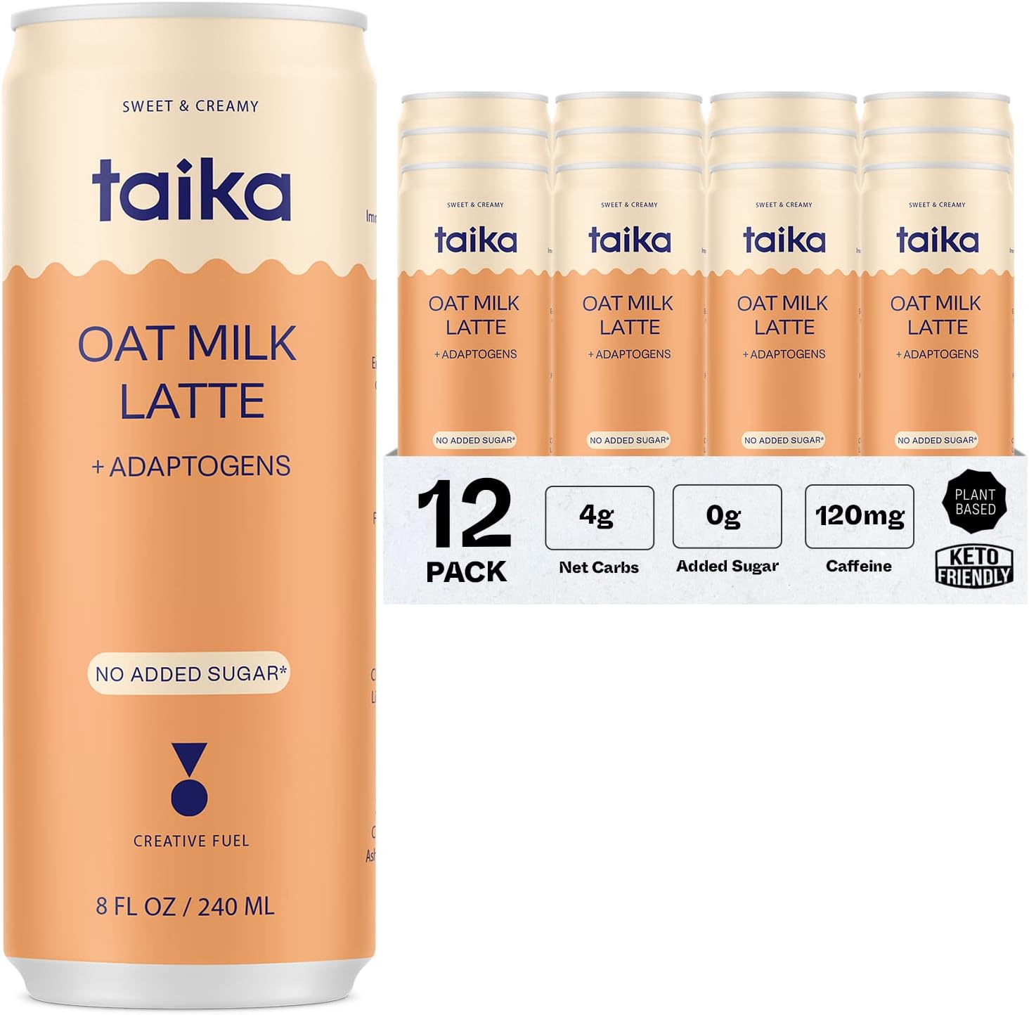 Taika Oat Milk Latte - Ready to Drink Coffee in Cans - Creamy Mushroom Coffee w/Ashwagandha, Lions Mane, & L-Theanine - 8 Fl Oz (Pack of 12) (Oat Milk Latte, 8 Fl Oz (Pack of 12))