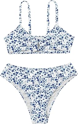 COZYEASE Girls' 2 Piece Ditsy Floral Print Knot Front Ruched Triangle Bikini Swimsuit