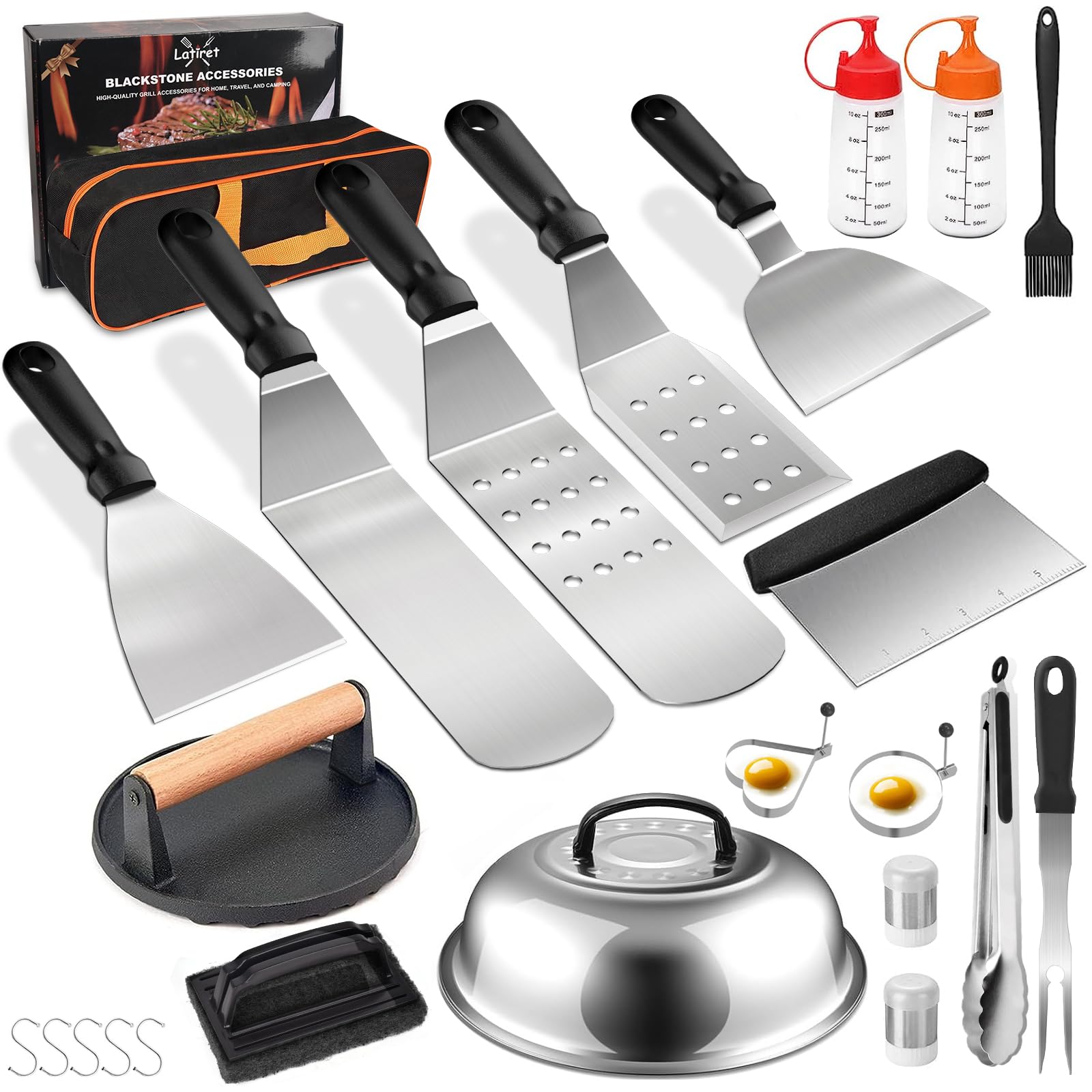 Griddle Accessories Kit, 24Pcs Grilling Accessories Set for Blackstone and Camp Chef, Flat Top Griddle Accessories Set with Scraper, Enlarged Spatulas, Basting Cover for BBQ