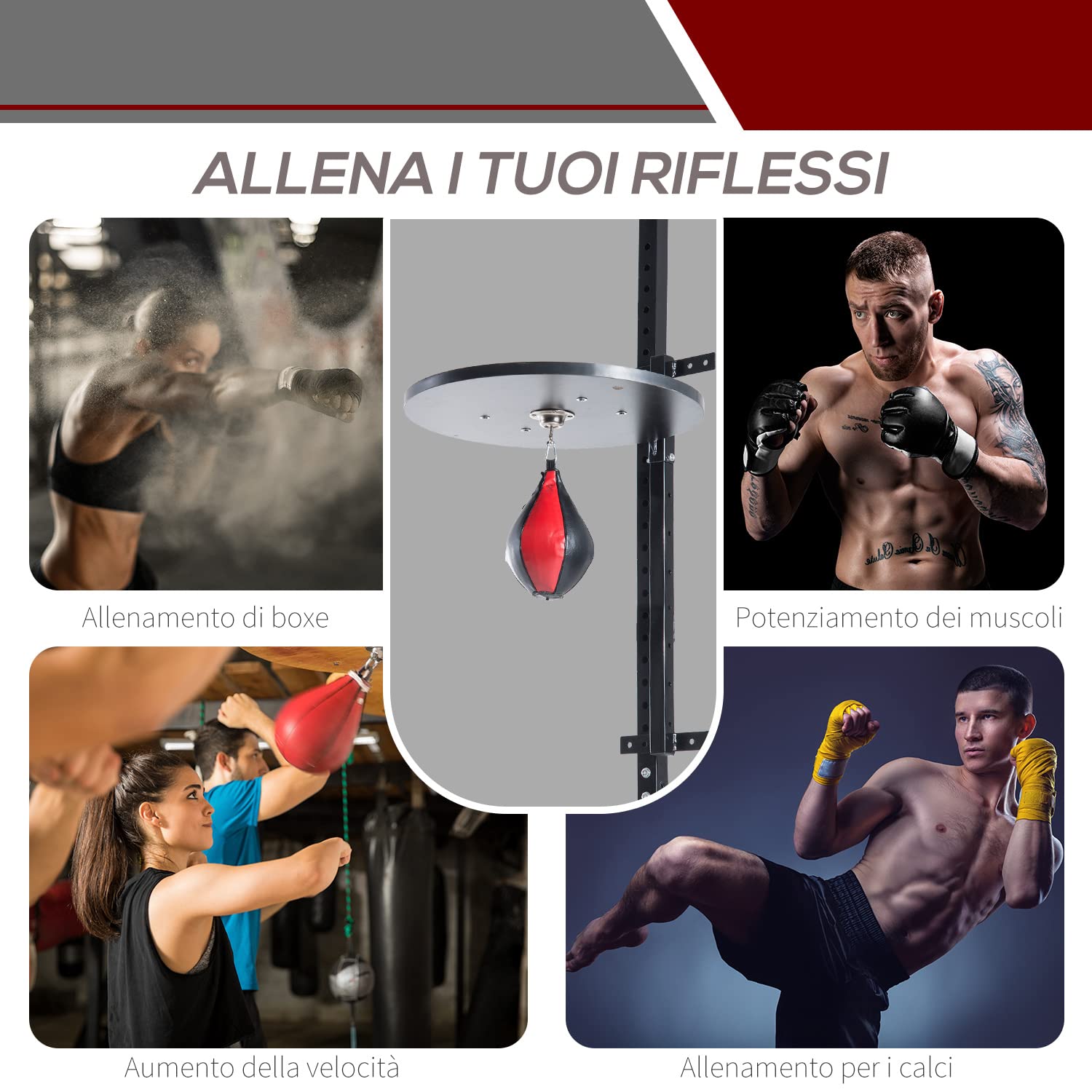 HOMCOM Piattaforma Boxe con Speedball Φ21 cm, Punching Ball per Allenamento Pugilato Arti Marziali, in Legno e Acciaio