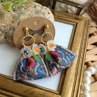 人気インド刺繍リボンネイビーデニムカラー秋色レッドブーケ花束ピアス