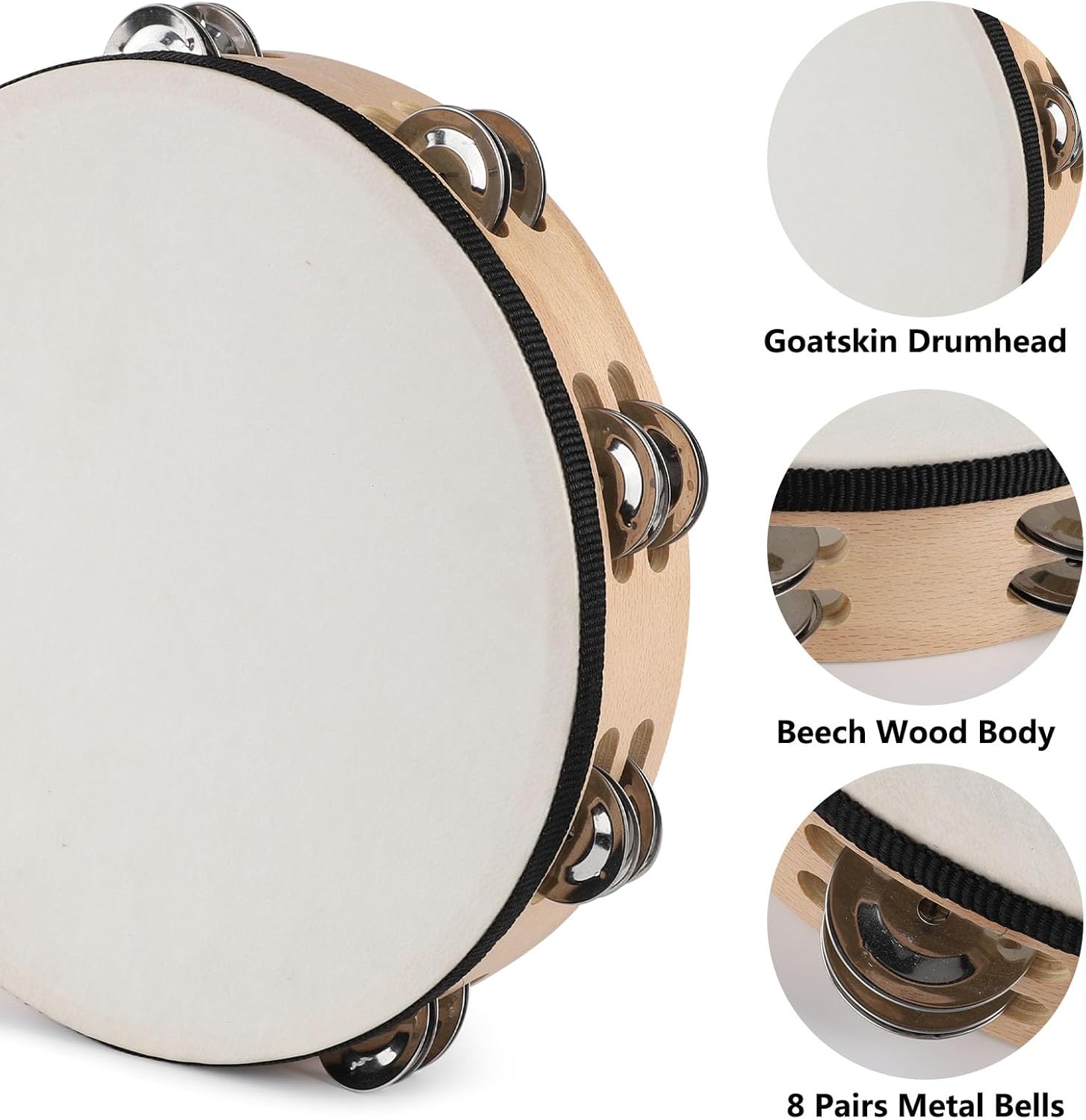 LIEKE Tambourine 10 Inch & 8 Inch Goatskin Drumhead Beechwood Hand Held Drum Tambourines for Adults kids with 8 Pairs Metal Jingles for Music Classroom Dance Party Church Game Props