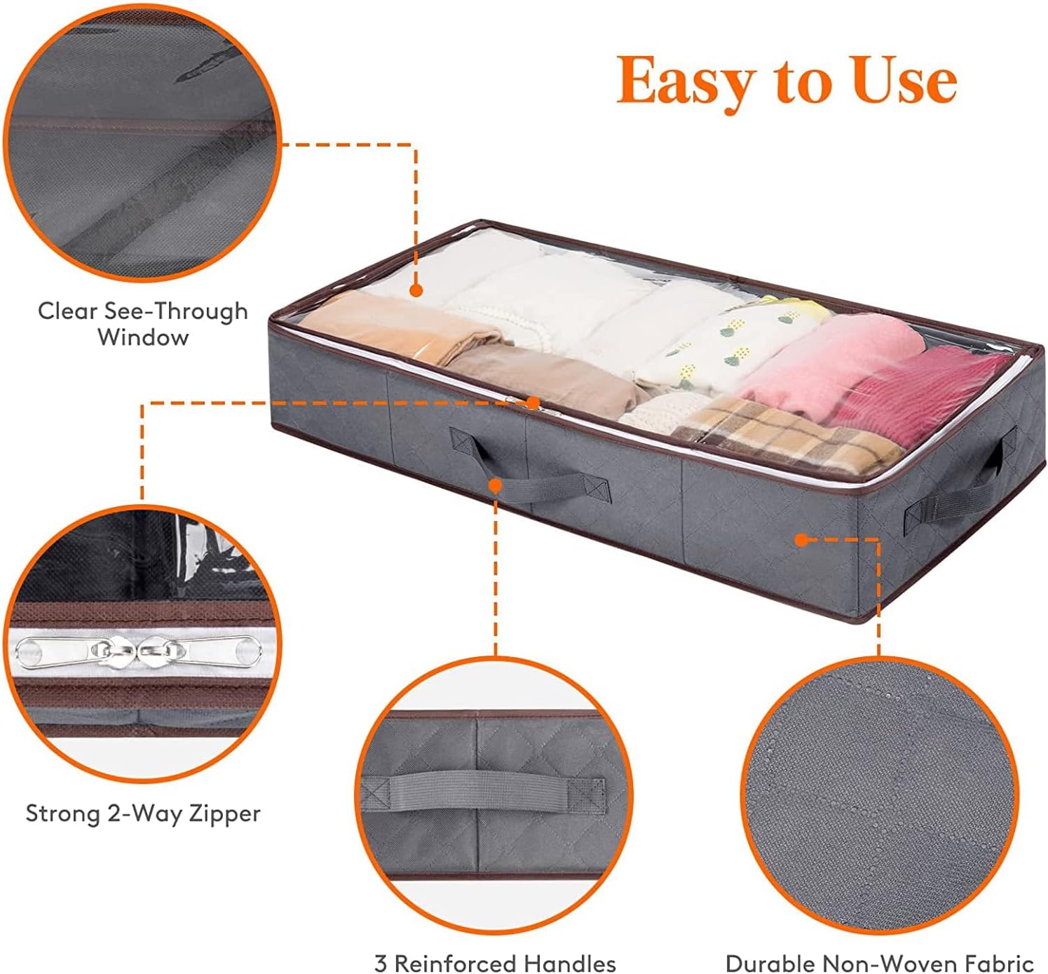 EAUSO Under Bed Storage Containers Clothes Organizers For Clothing, Blankets, Grey, 2 Pack,spacious To Store Clothes, Blankets, Sweaters, Toys And Shoes.Foldable,Versatility,easy To Assemble, Easy To