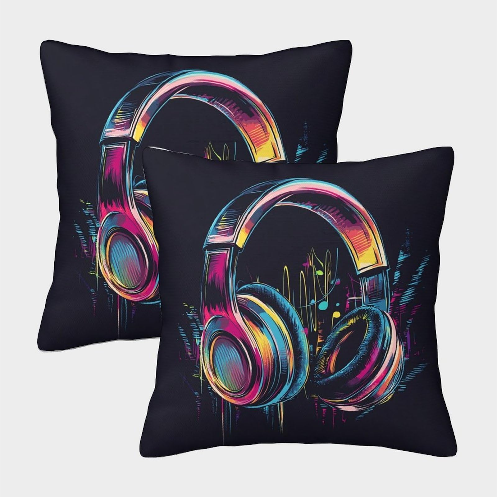 QFVANSIYO Vibrant Music Style 3D Printed Pillowcase Microfiber Bedroom Decor Headphones Theme Cushion Cover for All Ages 40x40cm