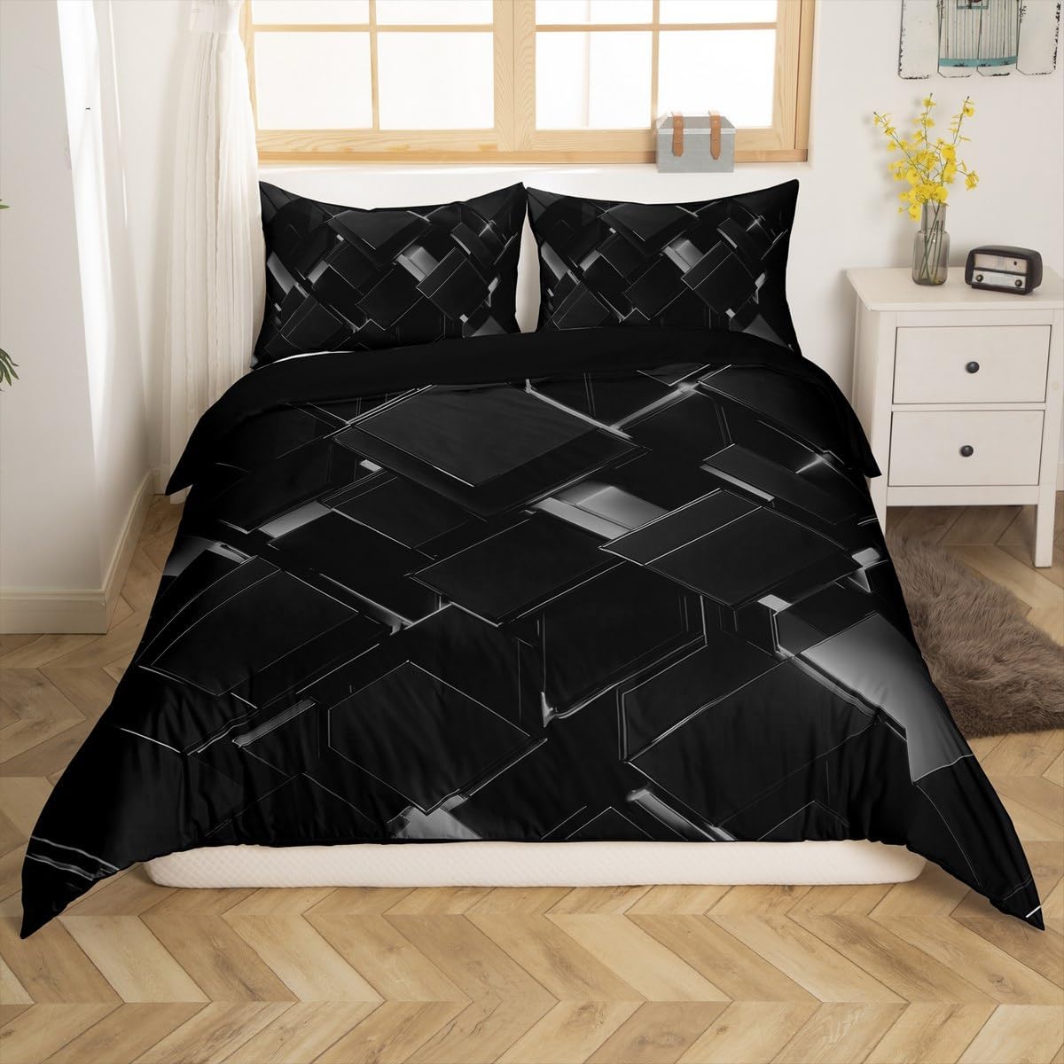 jejeloiu Black Geometric Duvet Cover Toddler Size Kids Stereoscopic Square Comforter Cover for Boys Girls Teens Neon Bedding Set Breathable Modern Art Bedroom Decor Bedclothes