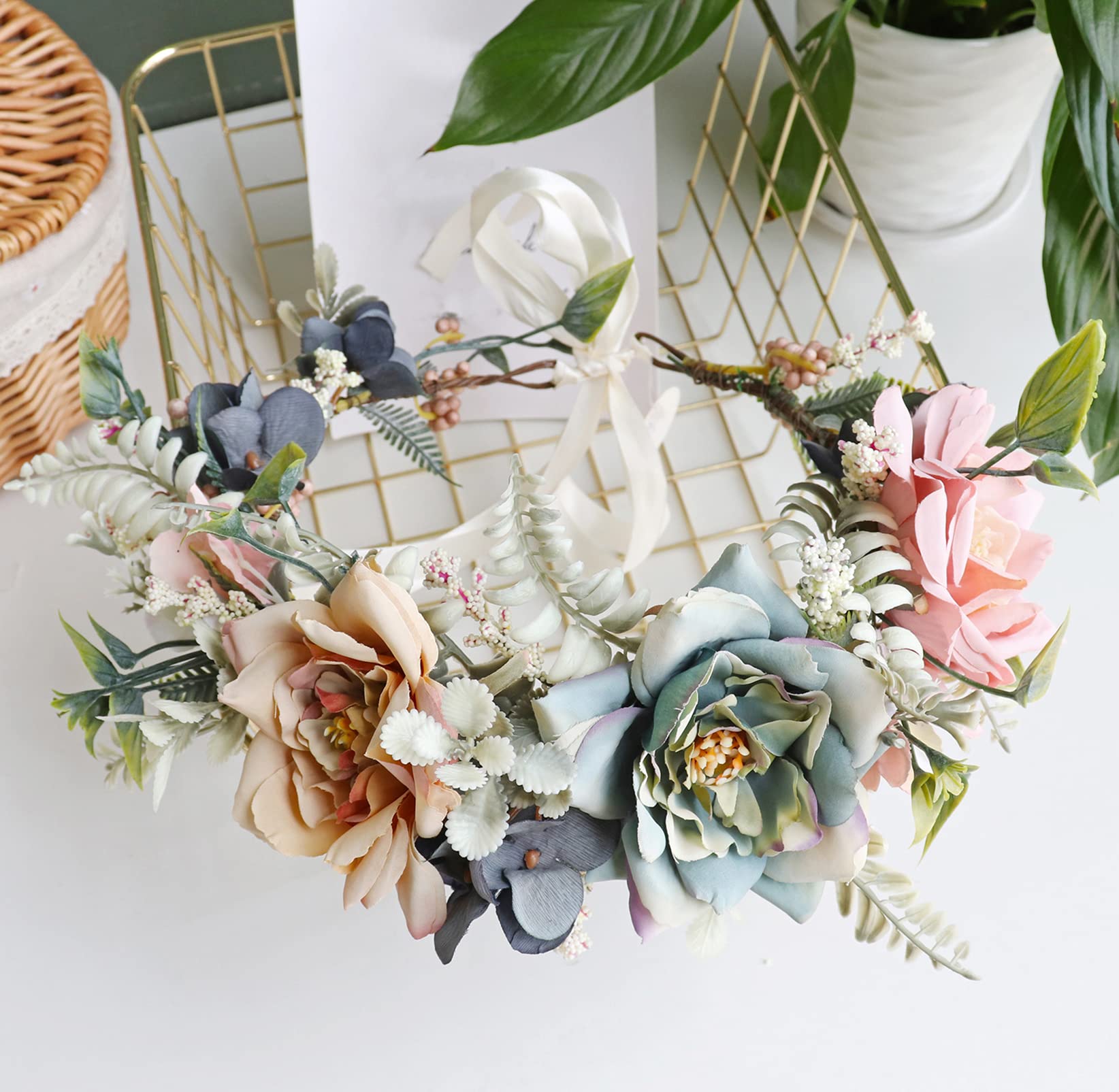 Blumenkrone für Mädchen, Boho-Blumenkranz, Haarkranz, Kopfschmuck, Halo, Party, Abschlussball, Hochzeit, Fotos, Gelb