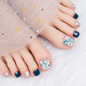 24Pcs Lake Blue Toe Nail Press ons Square Fake Toenails Rhinestone Designs Toenail Press on Nails Silver Glitter Toe Nails Press on Full Cover Acrylic Glossy Press on Toenails for Women