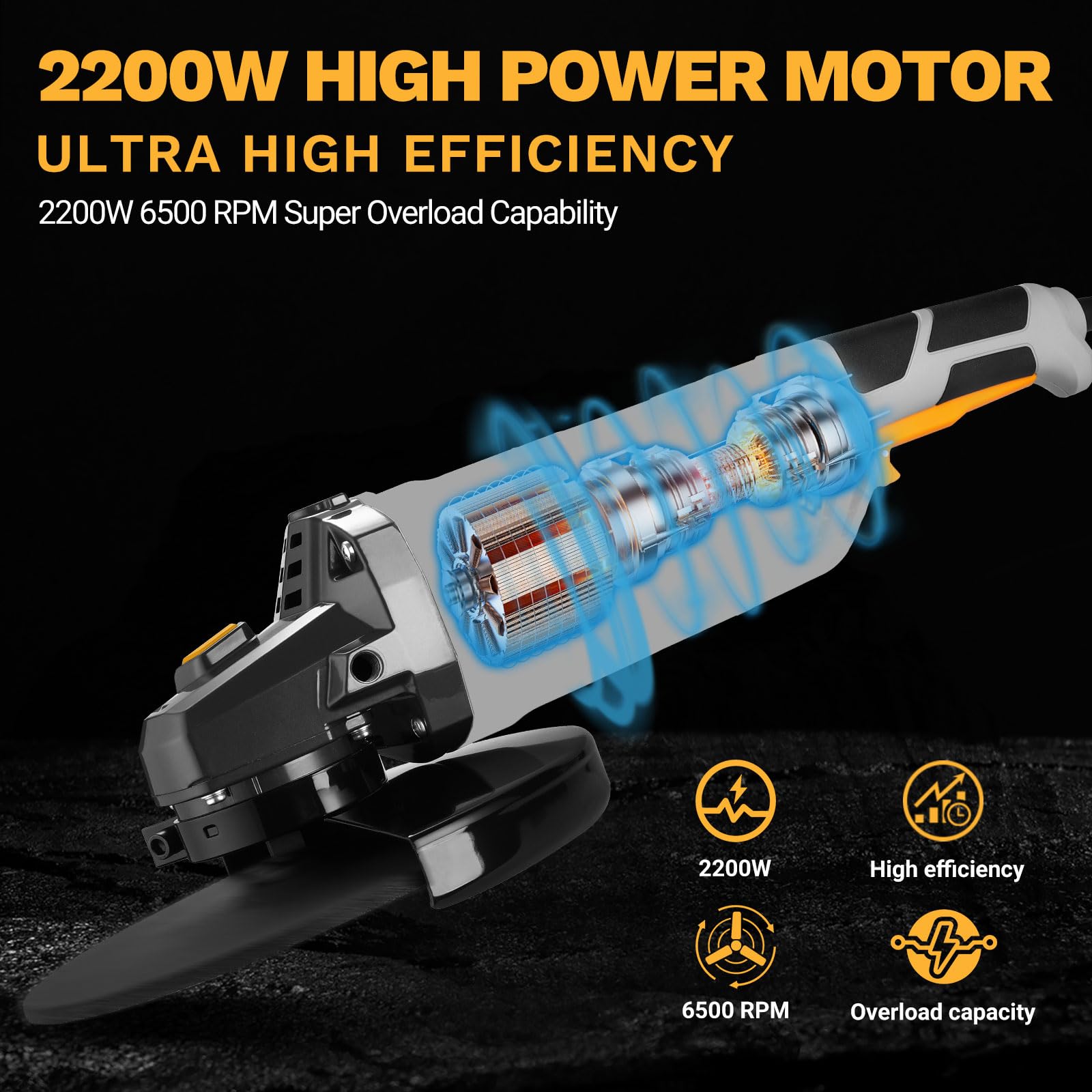 DEKOPRO Elektryczna szlifierka kątowa 2200 W, 230 mm, prędkość 6500 obr./min, do polerowania i szlifowania, długie uchwyty