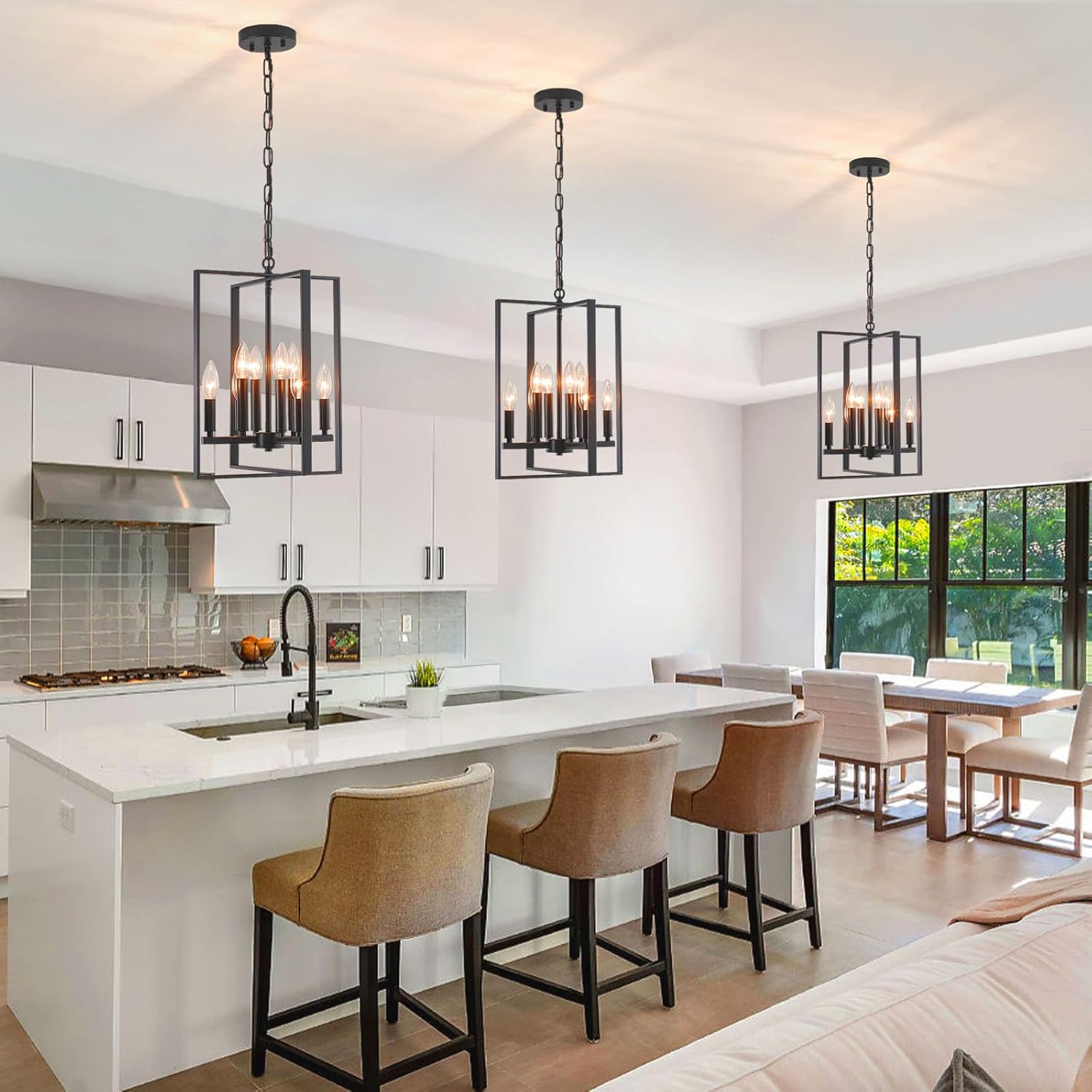 12.79" Black Chandelier 8-Lights Modern Farmhouse Chandeliers for Dining Room Light Fixture Rustic Metal Industrial Vintage Pendant Light Fixture Long Chandelier for Foyer Kitchen Entryway Living Room