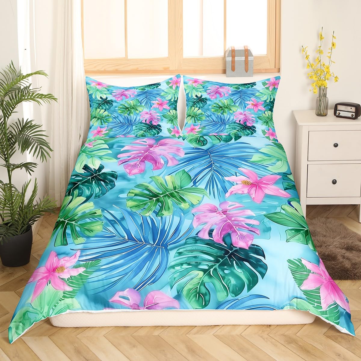 Castle Fairy Tropical Summer Duvet Cover Twin Size for Kids Boys Girls Teens,Palm Leaves Green and Pink 2 Pieces Duvet Cover,Watercolor Flowers Hawaii Themed Soft Comforter Cover (Not Comforter)