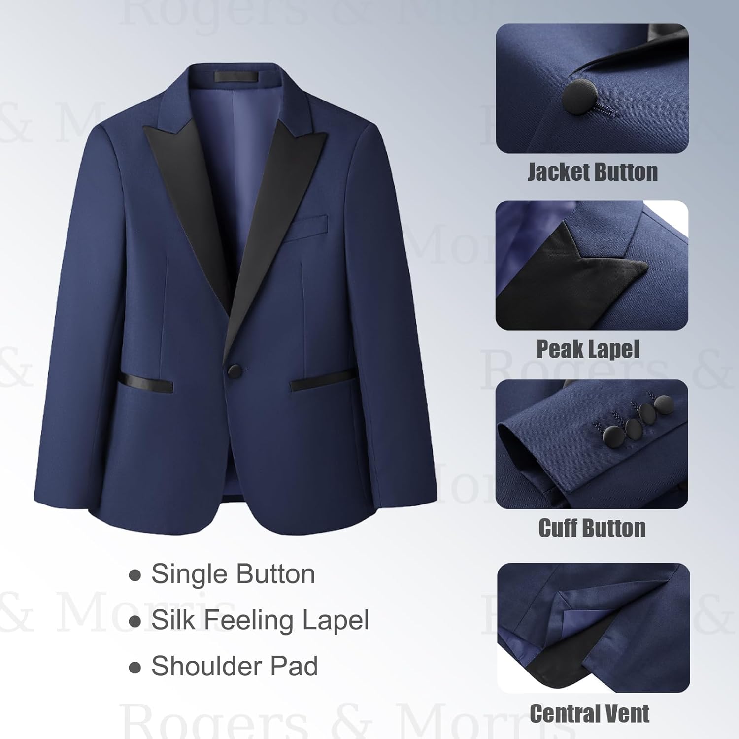 Rogers & Morris Boys Tuxedo Suit Formal Outfits Slim Fit Solid Kids 5 Piece Suit Set Peak Lapel - Image 4