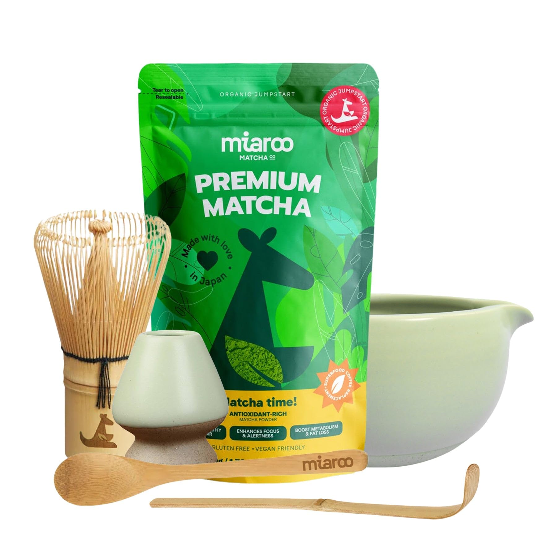 Miaroo Deluxe Matcha Kit Experience the Finest with Premium Matcha Original Bamboo Whisk Chasen Holder Wooden Spoon Scooper