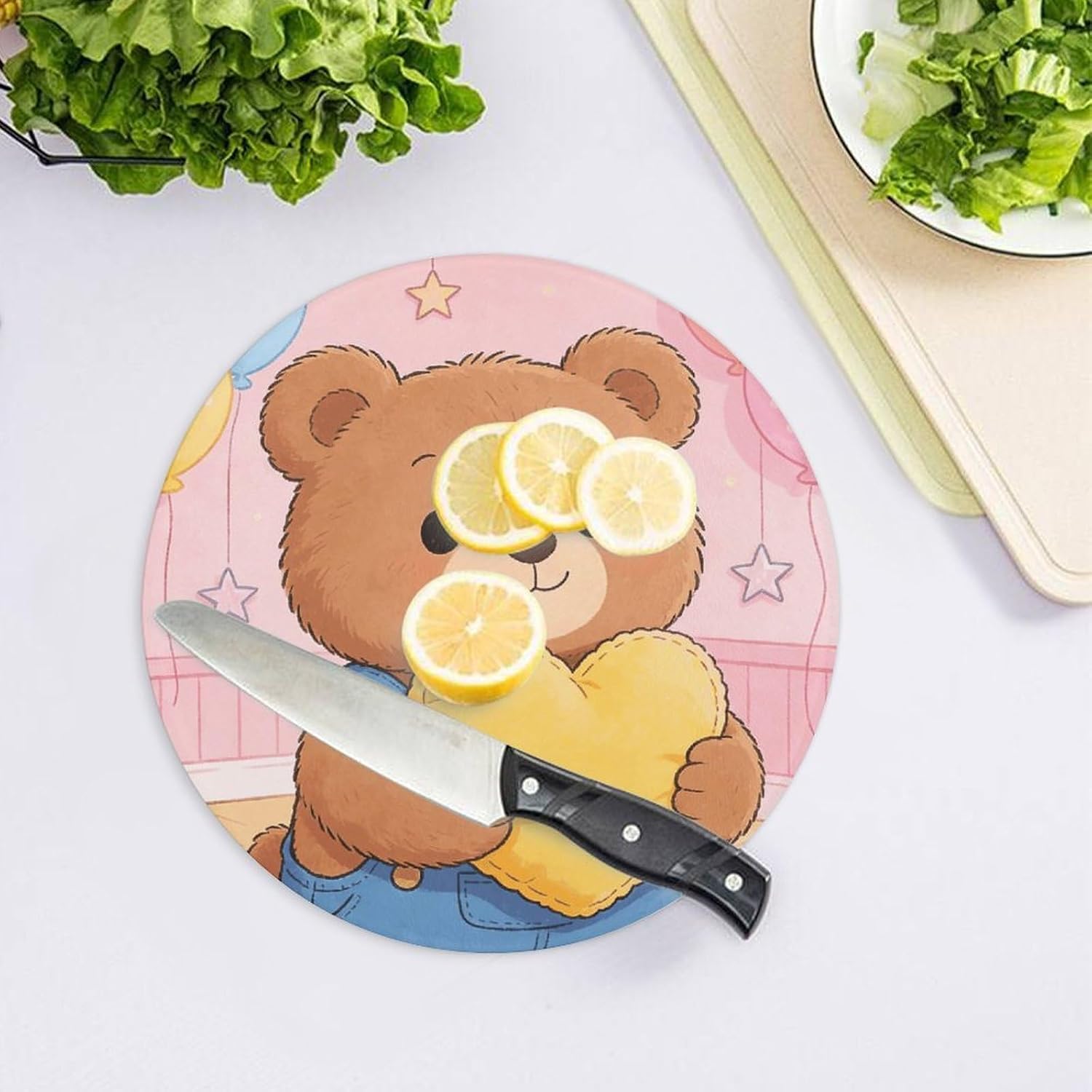 Love Heart Tempered Glass Chopping Block | 7.9 Inch Round Non Slip Glass Cutting Board Kitchen Prep Tray for Household Daily Cooking Outdoor Picnic Use