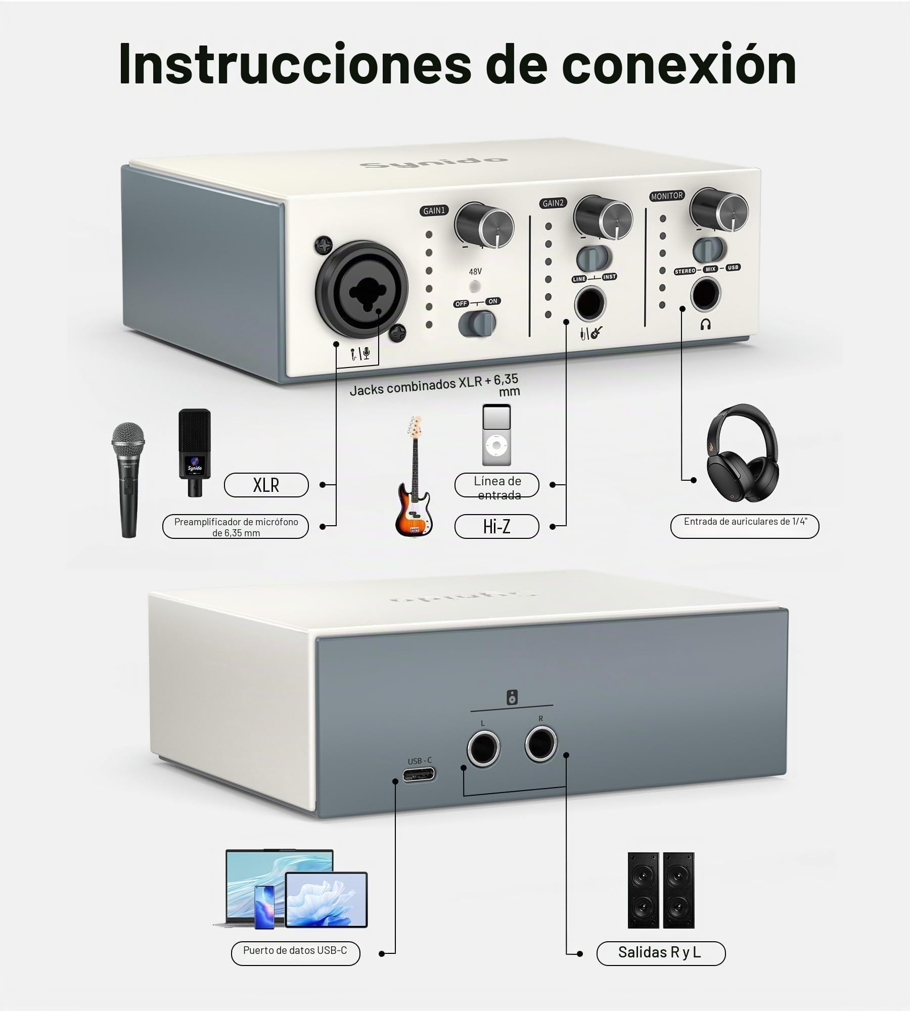 Synido Interfaz de audio USB C para grabación de música, streaming, podcasting con XLR, entrada de línea, 24 bits/48 kHz, alimentación fantasma de 48 V, 2 canales, color plateado