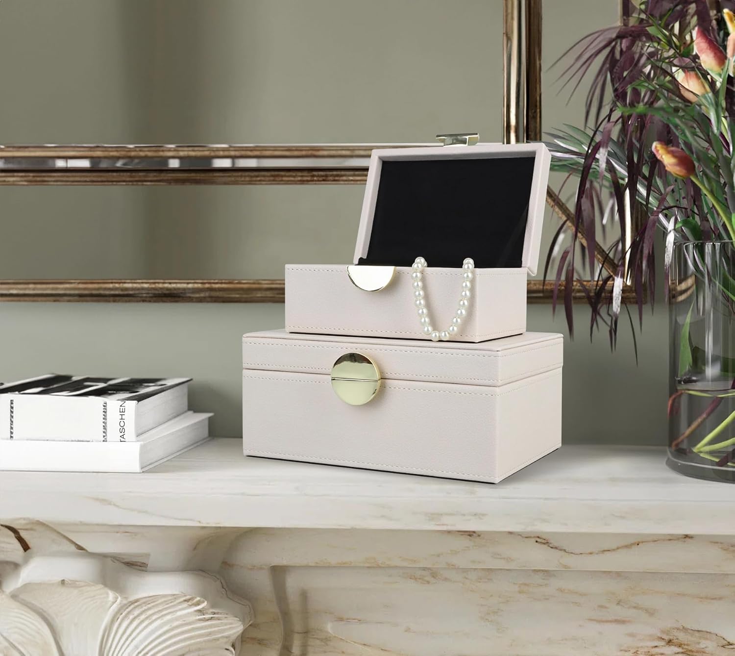 HofferRuffer Faux Leather Jewelry Boxes, Decorative Boxes Storage Accessory Organizer with Gold Hardware Decor, Classic Vegan Leather Set of 2 Pieces (CreamWhite)