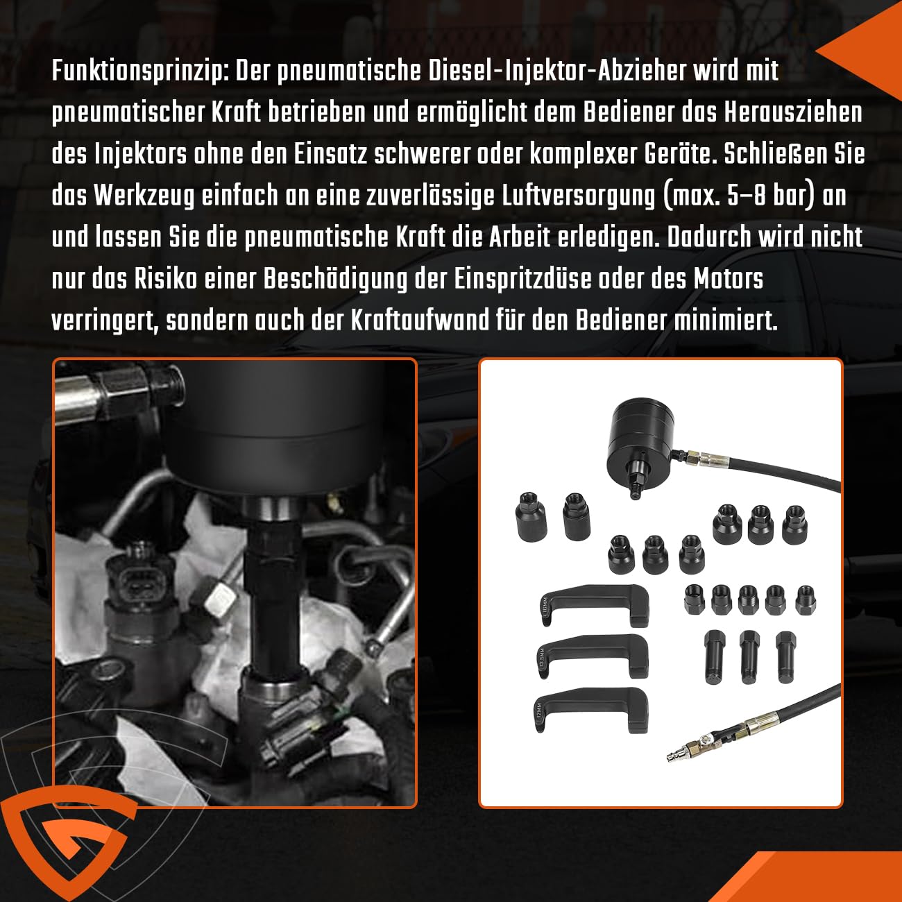 GEARMONSTER Extractor de inyectores diésel de 24 piezas con garra inyectora neumática con adaptador compatible con Bosch Delphi Denso Siemens