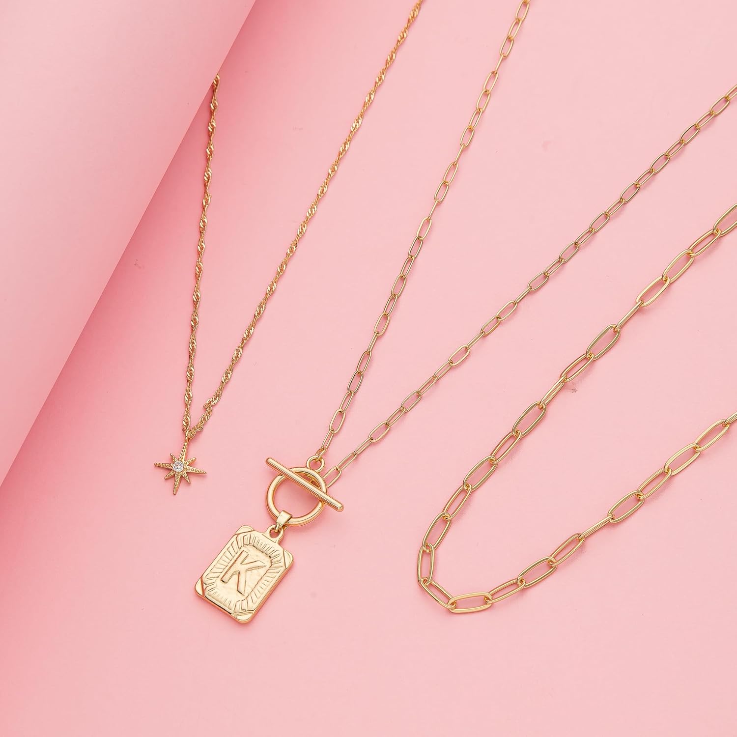 Dainty Gold 3-Layer Personalized Initial Necklace for Women - 18K Gold Layered Letter Pendant Necklace Adjustble Paperclip Chain Choker Necklace Jewelry Gifts with Star Charm - Image 4