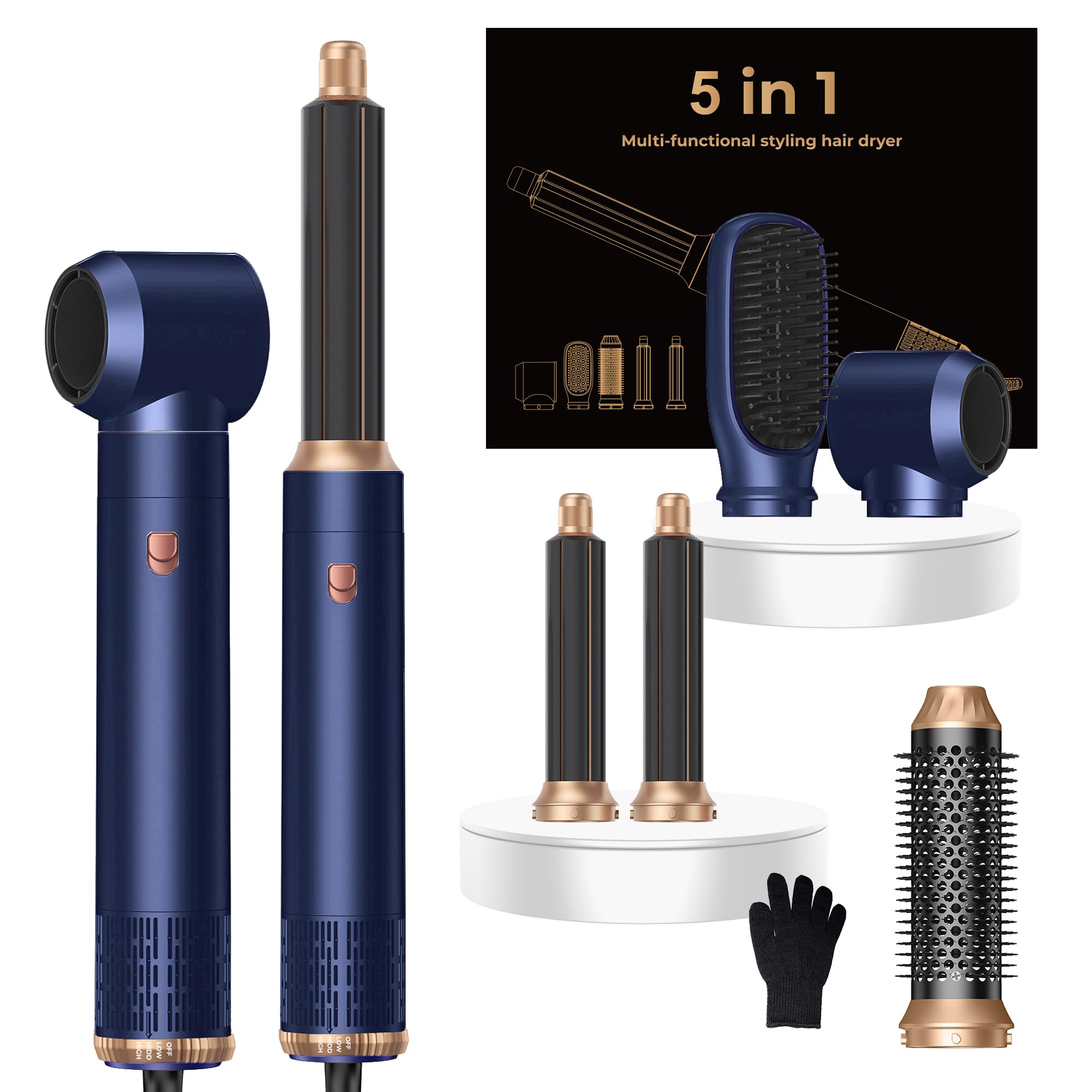 5 in ONE Hair Dryer Brush, Blow Dryer Curling Wand Hair Styling Tools Set, Ionic Hot Air Brush Round Brush Blow Dryer, Left&amp;Right Styler 100-120V