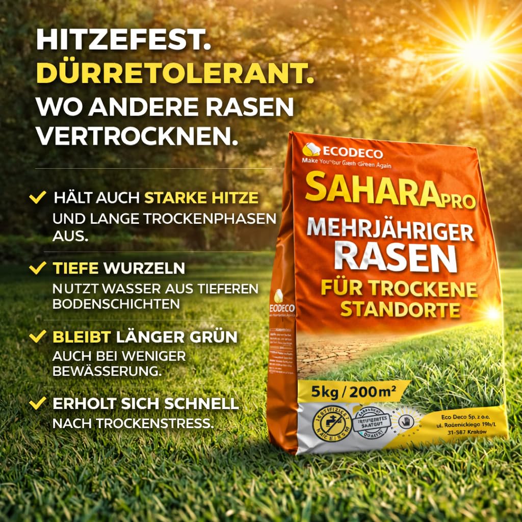 Rasensamen Trockenresistent 5kg – Grassamen & Trockenrasen mit 100% Mehrjährigen Gräsern – Schnellkeimend, Ideal für Extreme Trockenheit & Sonnige Flächen