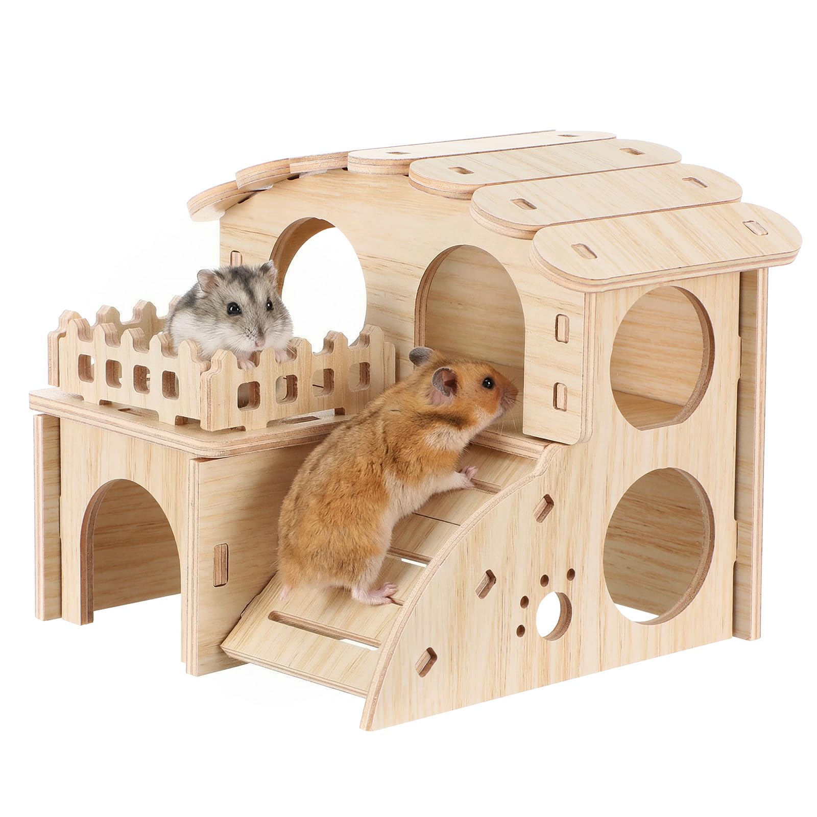 HJZHI Vielseitiges Hamsterversteck und Erkundungstunnel, Hamsterhaus mit Kletterleiter aus Holz für Rennmäuse, Hamster, Kleine Haustiere Zubehör(F Stil)