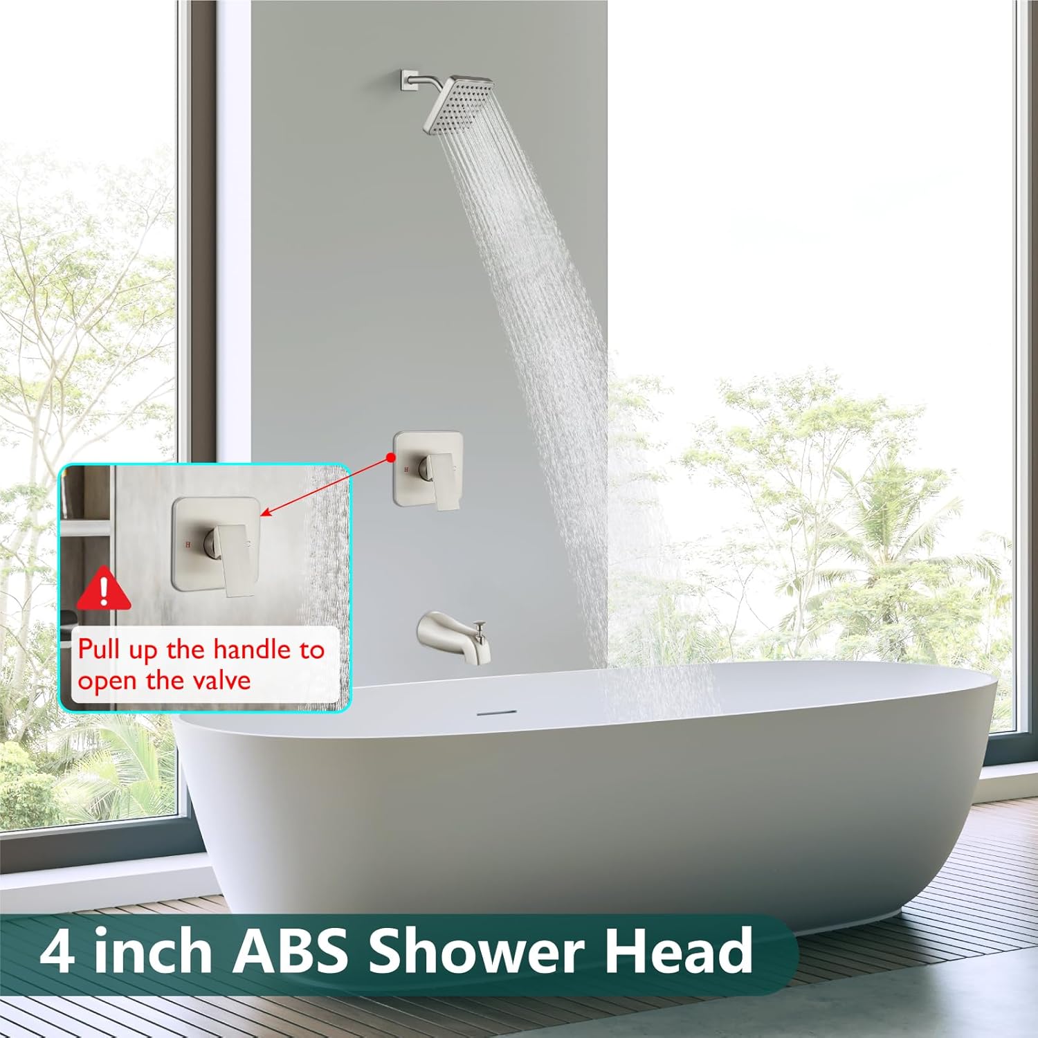 Heyalan Shower Faucet Set with Tub Spout, Bathtub and Shower Trim Kit with Valve, Single Handle Bathroom Shower Faucet Set 4 Inch Square Rainfall Shower Head, Brushed Nickel