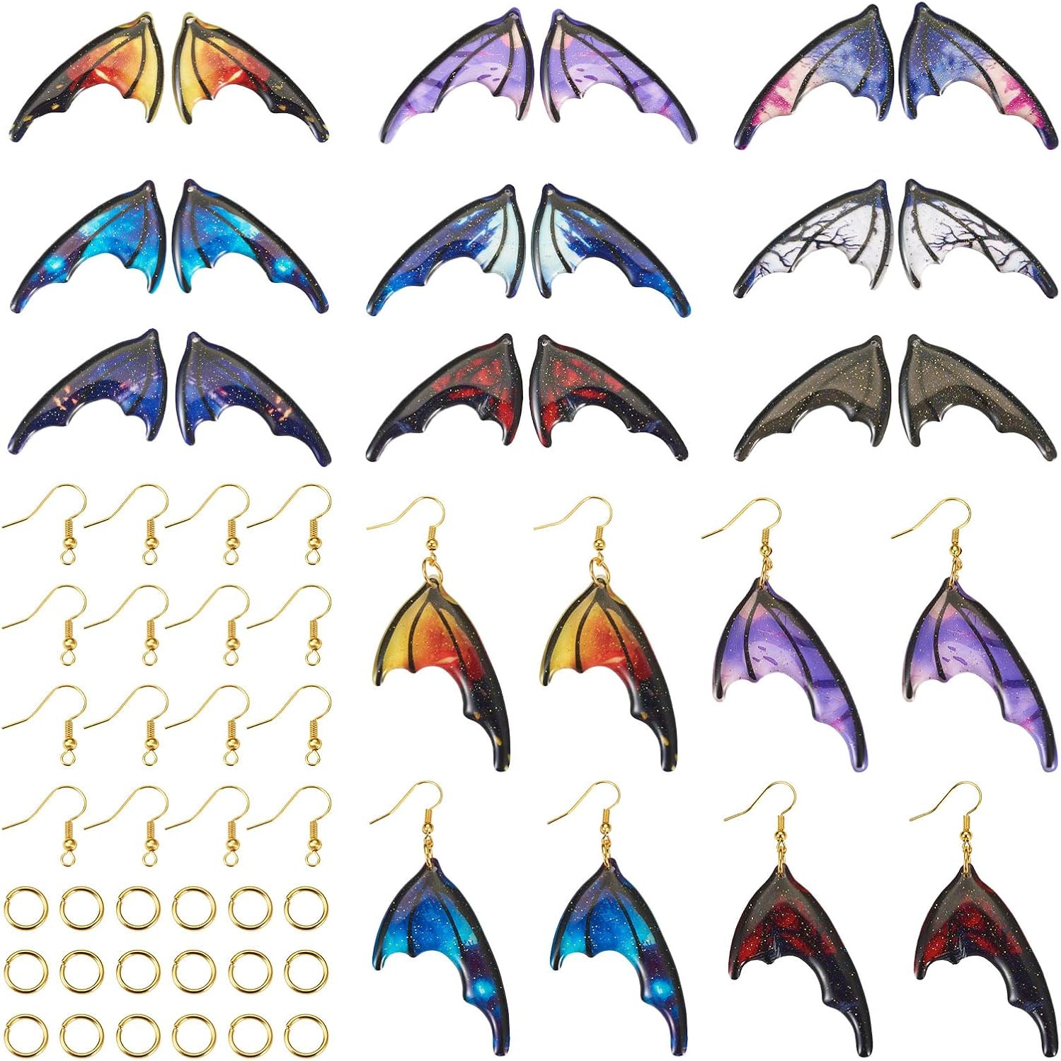 Pandahall 18pc Resin Bat & Butterfly Wing Charms - Glitter Insect Wing Earrings & Feather Pendants with Jump Rings & Hooks for Halloween Crafts & Jewelry Making