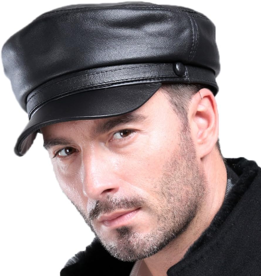 Mens Real Sheepskin Leather Beret Cap Golf Military Cadet Hat Newsboy Baseball Black XL