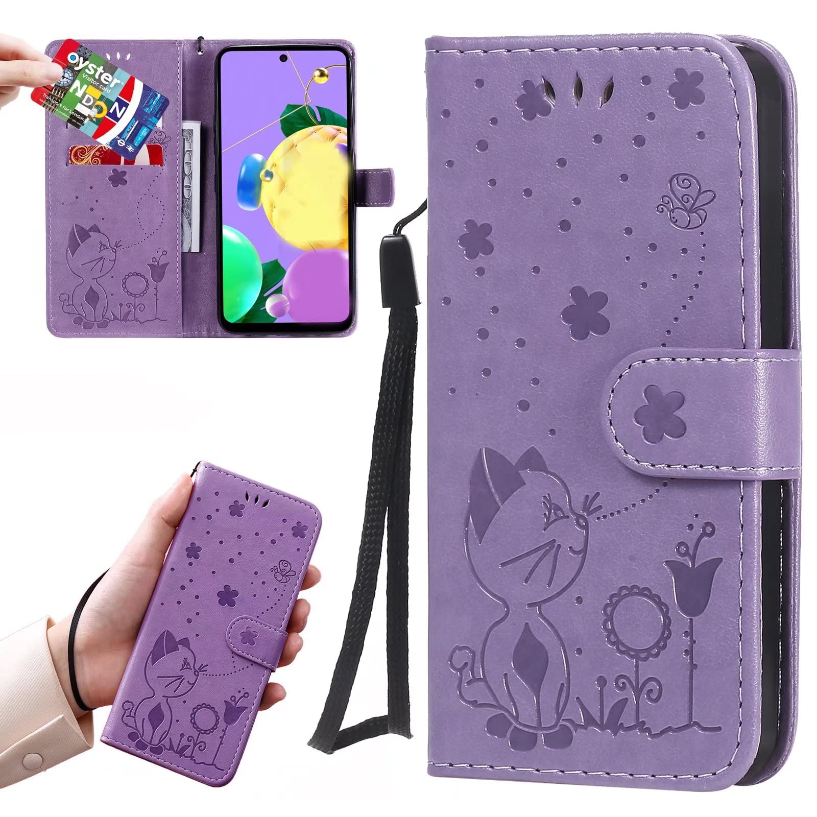 Ezhsmfu Case for Huawei Nova 3E Flip Cover with 2& Tempered Glass Screen Protector [2 Card Slot+Wallet][Magnetic][Stand] Embossed cat bee Strap PU Leather 360° Shockproof,Black