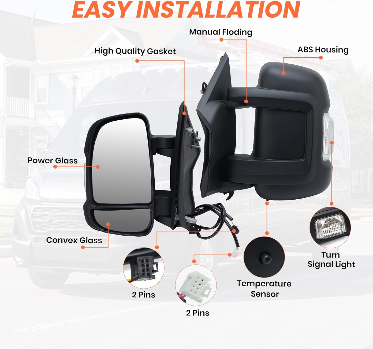 Left Driver Side Mirror for with 2014-2024 Ram Promaster 1500/2500/3500,Mirrors with Turn Signals Light,Temperature Sensor,Without Power Glass,Replaces# CH1320417 5VE99JXWAB(Short Arm)2+2Pins