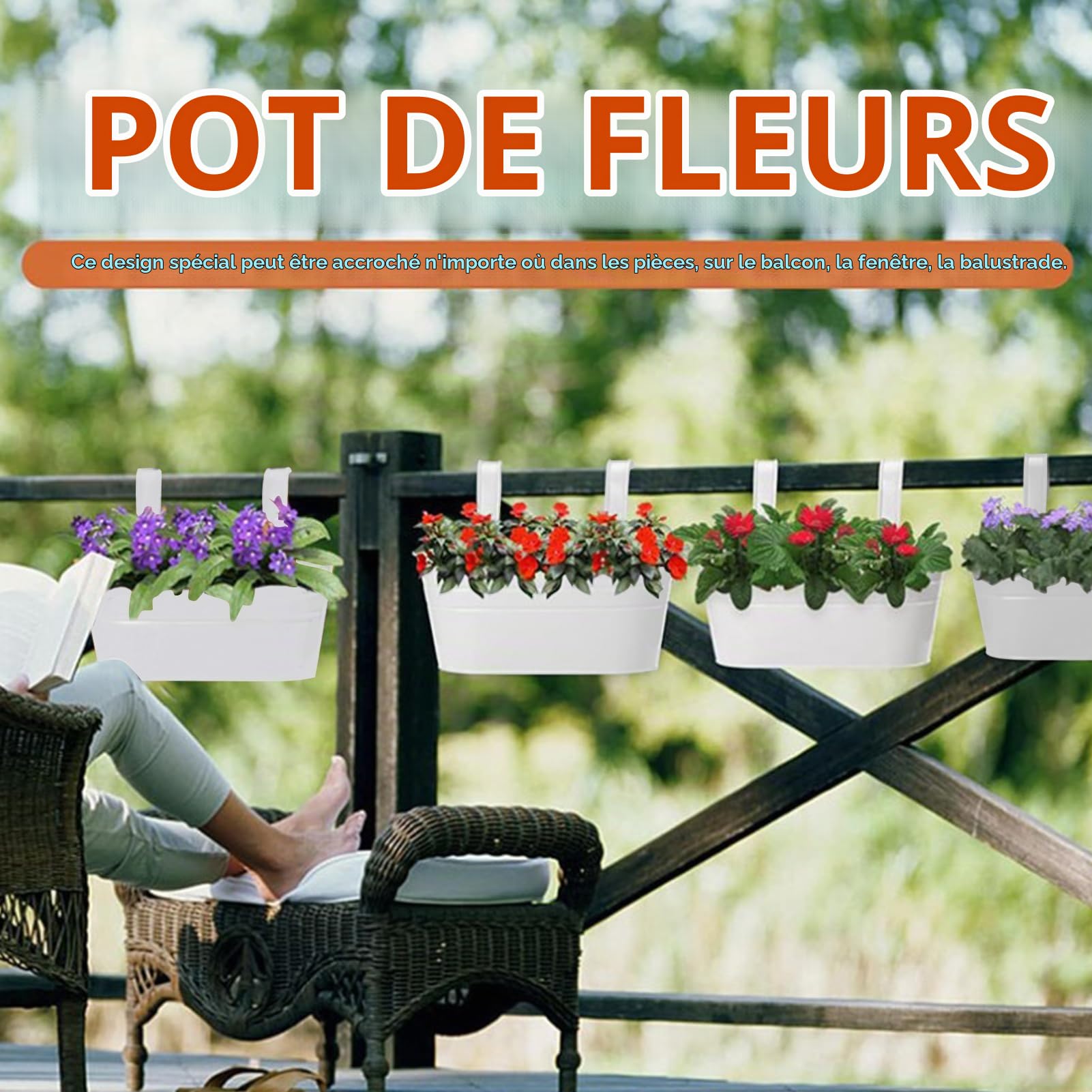 CITÉTOILE 4 Pièces Pots de Fleurs Suspendus en Métal,Pots Suspendus Balcon avec Trou de Drainage, Pots Suspendus Blancs avec Crochet Amovible pour Balcon, Clôture, Jardin, Mur,Maison Décor
