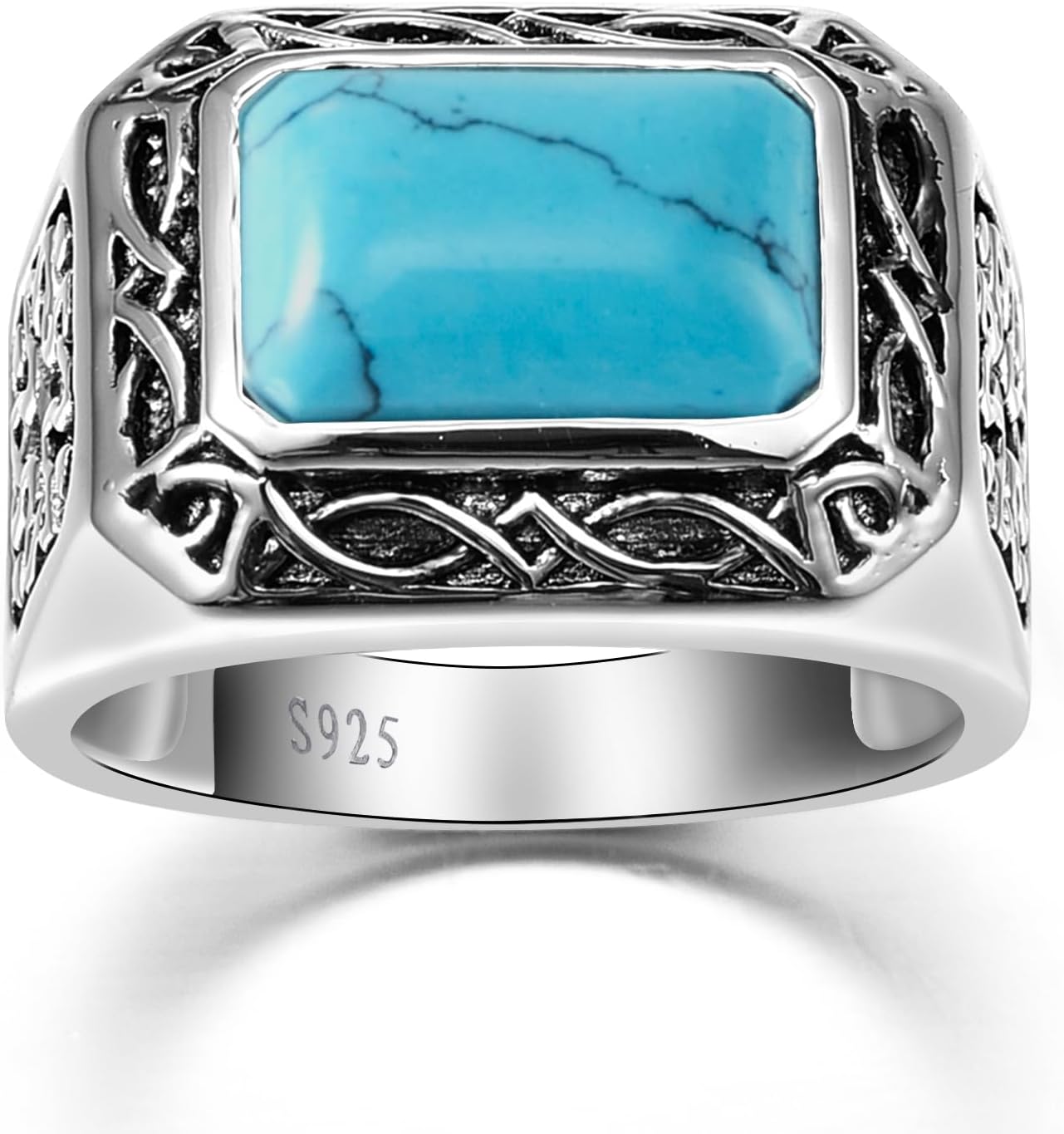Yaresul 5CT 8X12mm Radiant Cut Teal Turquoise Ring/Created Mens Black Onyx 925 Sterling Silver Mens Ring Cocktail Rings Celtic Pattern Pinky Ring Band for Dad Father Size 7-12