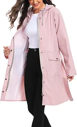 UNIQUEBELLA Rain Jackets for Women Waterproof, Raincoat Long Hooded Rain Coats Outdoor Windbreaker Trench Coat