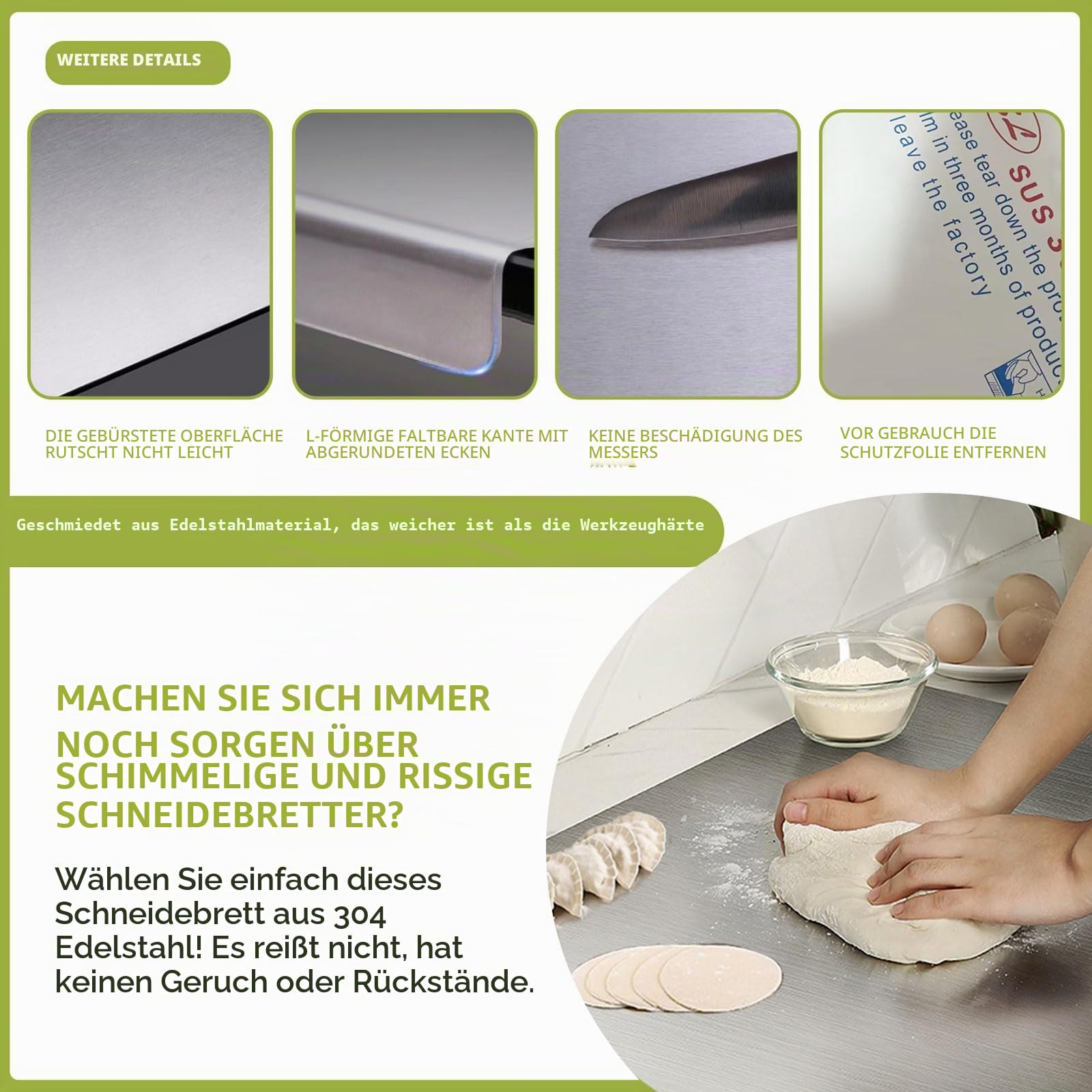 L-förmiges Schneidebrett aus 304 Edelstahl, rutschfest, Schneidebrett aus Edelstahl, strapazierfähig, für Fleisch, Käse, Gemüse, Obst, leicht zu reinigen (50 x 80 cm)