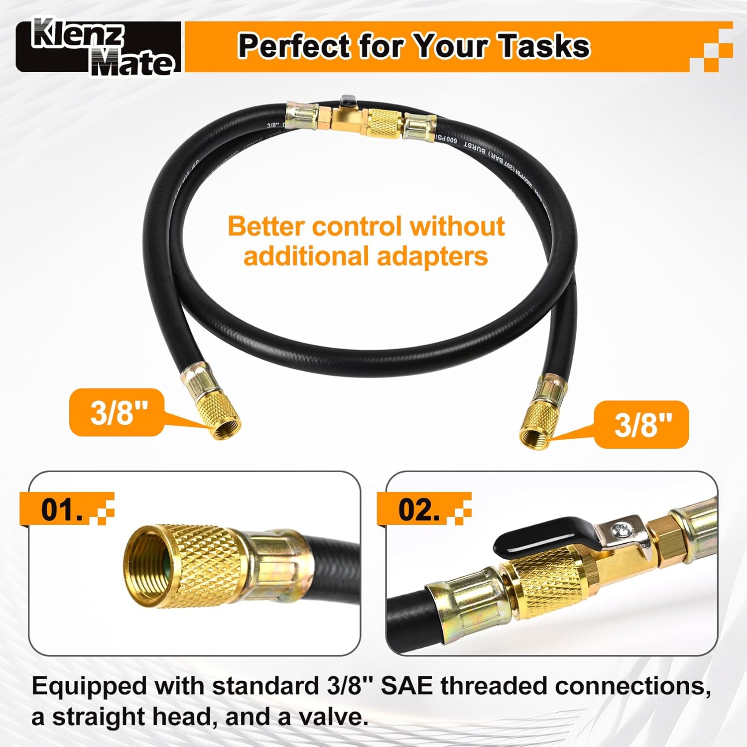 26060 Plus II 3/8" Heavy Duty Charge Hose with Straight Fittings and Valve, 5FT, HVAC Vacuum Hose, Working Pressure:600 Psi, Burst Pressure:3000 Psi. For R134A, R410A, and Common Refrigerants