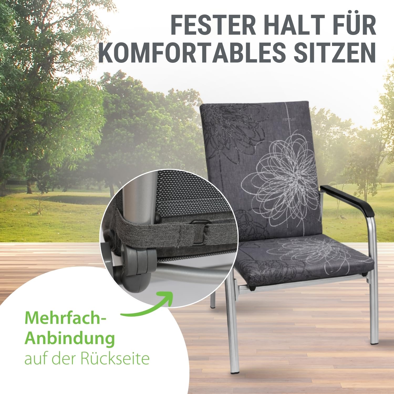 KETTtex Comfort Auflage Hochlehner anthrazit floral I Gartenstuhl Polster 123x50x7/4cm I hochwertige und Pflegeleichte Sesselauflage I Wetter- und formbeständige Stuhlauflage I KTH2 Sitzauflage