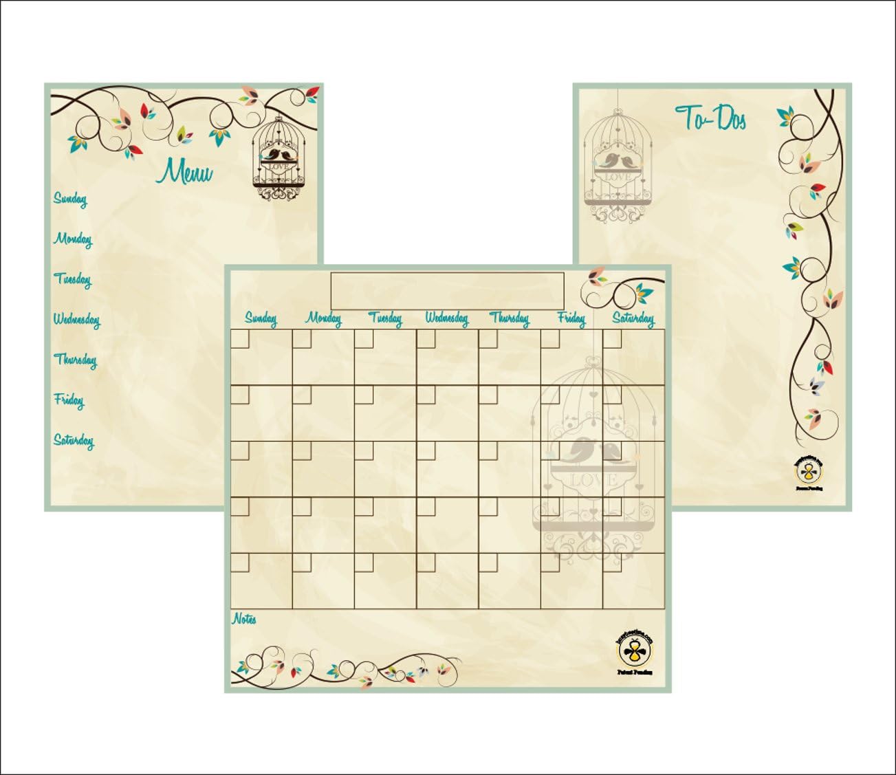 Dry Erase Magnetic Refrigerator Office Dorm Calendar to-Dos and Menu Sheet Love Birds Mint Trim Set busybeetime with Larger Day Boxes